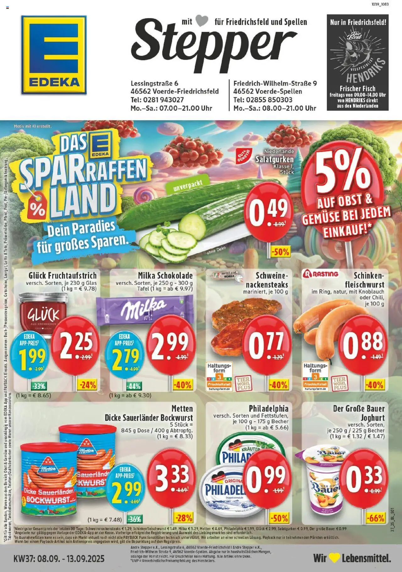 Edeka prospekt Voerde	 – gültig ab 07.09.2025 | Seite: 1 | Produkte: Dicke sauerlander bockwurst, Milka schokolade, Steak, Erdbeeren