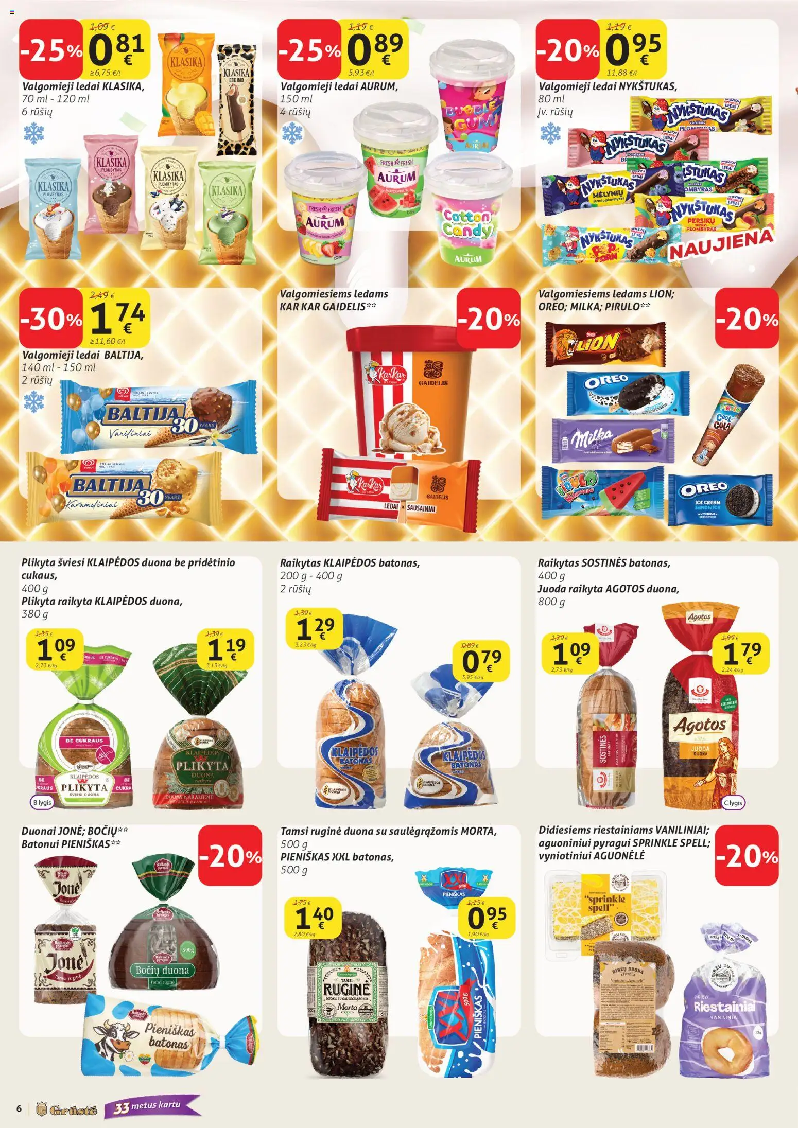 GRUSTE akcijos nuo 21.04.2026 | Puslapis: 6 | Prekių: Sausainiai, Ledai, Batonas, Duona