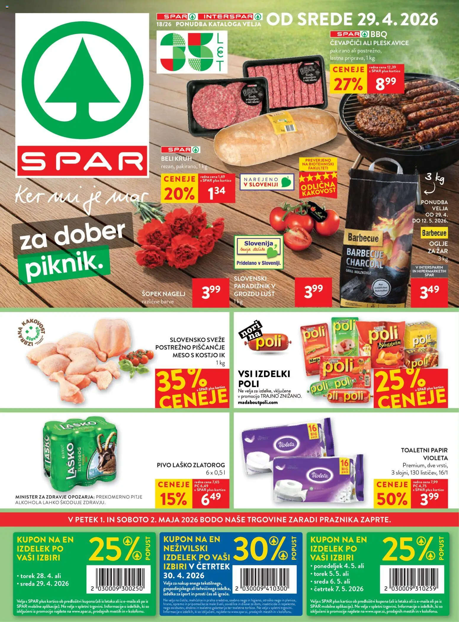 Novi Spar katalog ponudbe – veljaven od 29.04.2026 | Stran: 1 | Izdelki: Toaletni papir, Zar, Pleskavice, Kruh