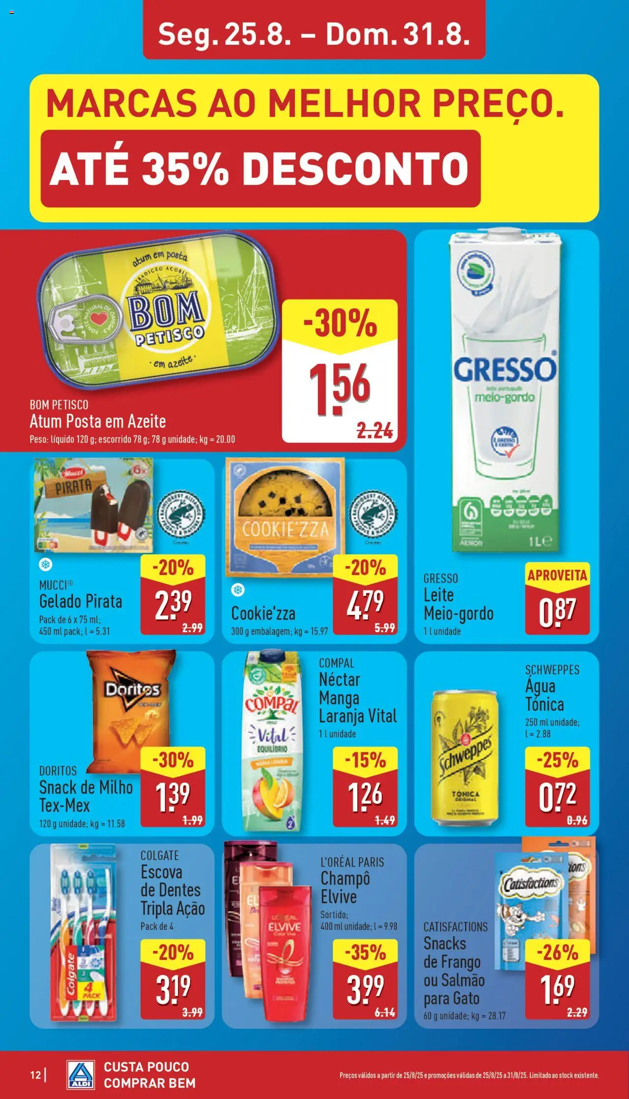 Aldi folheto │ válido de 25.08.2025 | Página: 12 | Produtos: Azeite, Frango, Salmão, Leite