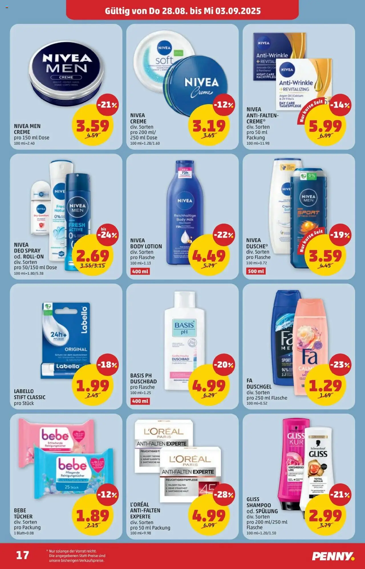Penny Markt Flugblatt gültig ab 28.08.2025 | Seite: 17 | Produkte: Shampoo, Spülung, Duschgel, Reinigungstücher