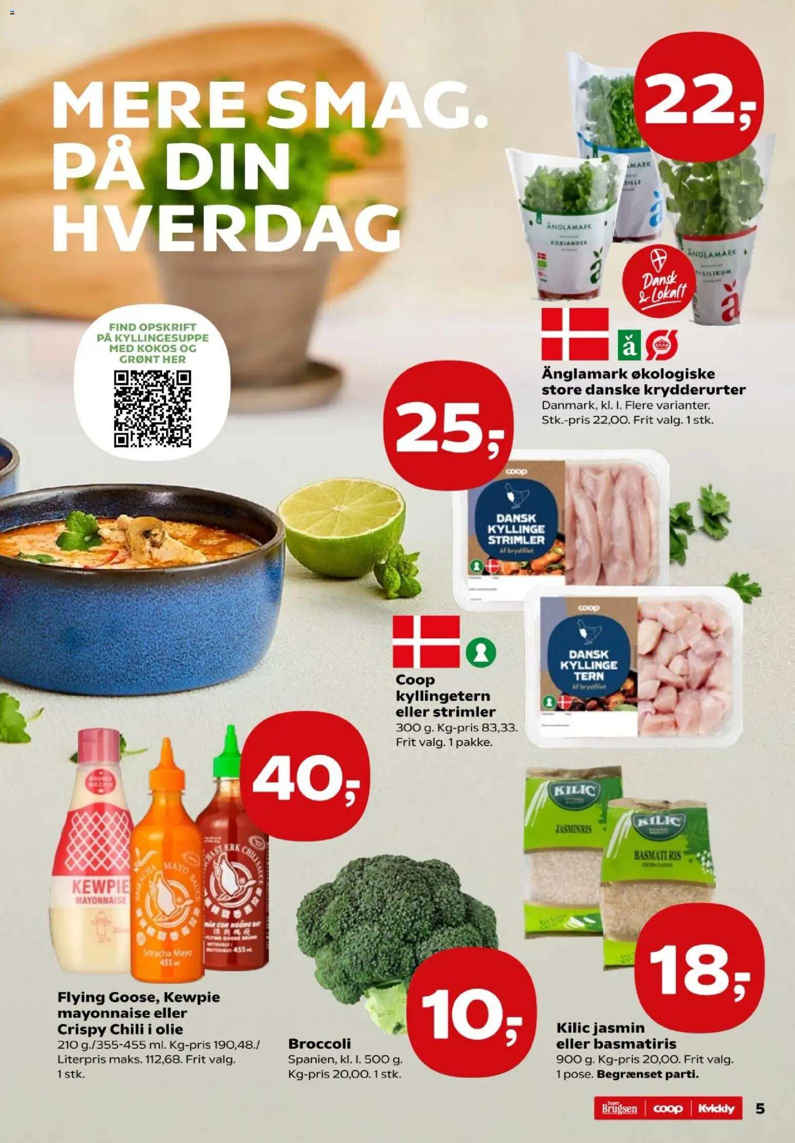 Super Brugsen tilbudsavis – gyldig fra 07.04.2026 | Side: 5 | Produkter: Olie, Ris, Broccoli, Basilikum