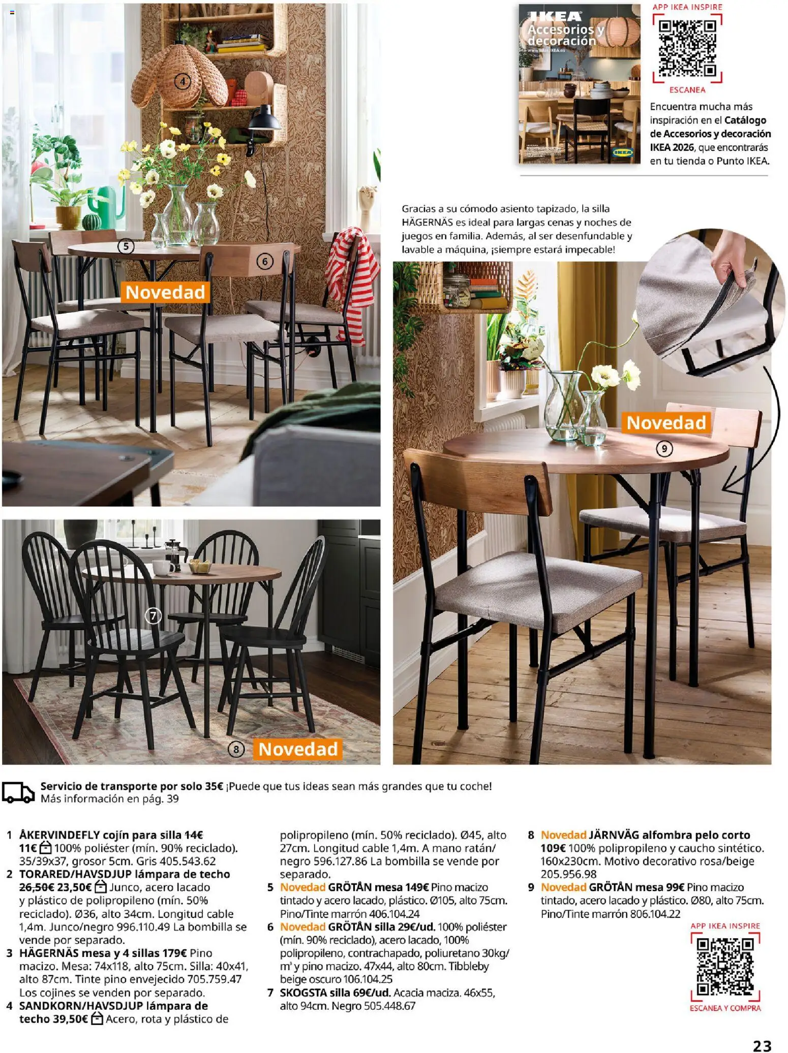 Catálogo IKEA Comedores │ válido desde el 06.03.2026 | Página: 23 | Productos: Lámpara de techo, Cable, Silla, Alfombra