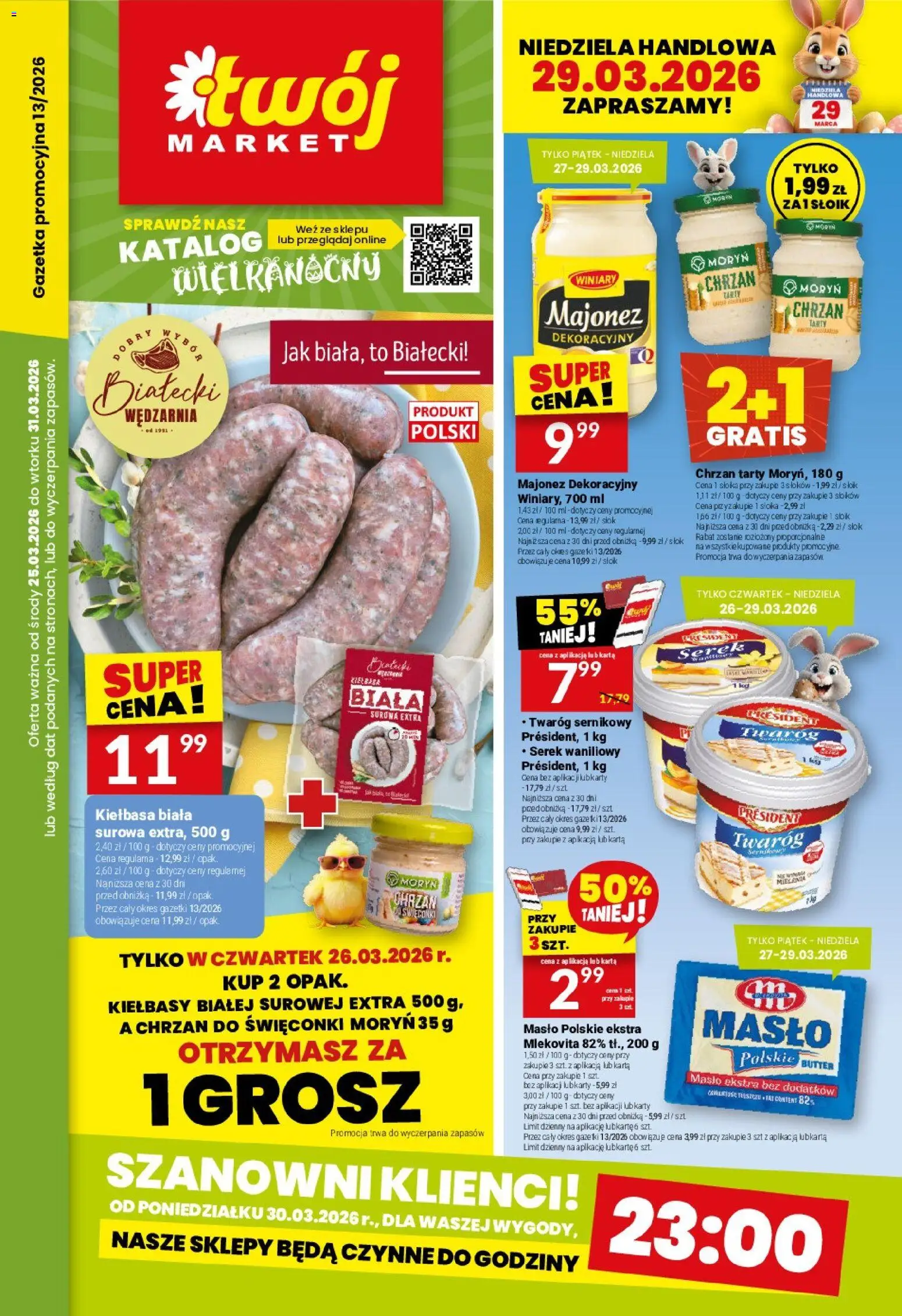 Twój Market gazetka od 25.03.2026 | Strona: 1 | Produkty: Kiełbasa, Serek, Masło, Twaróg