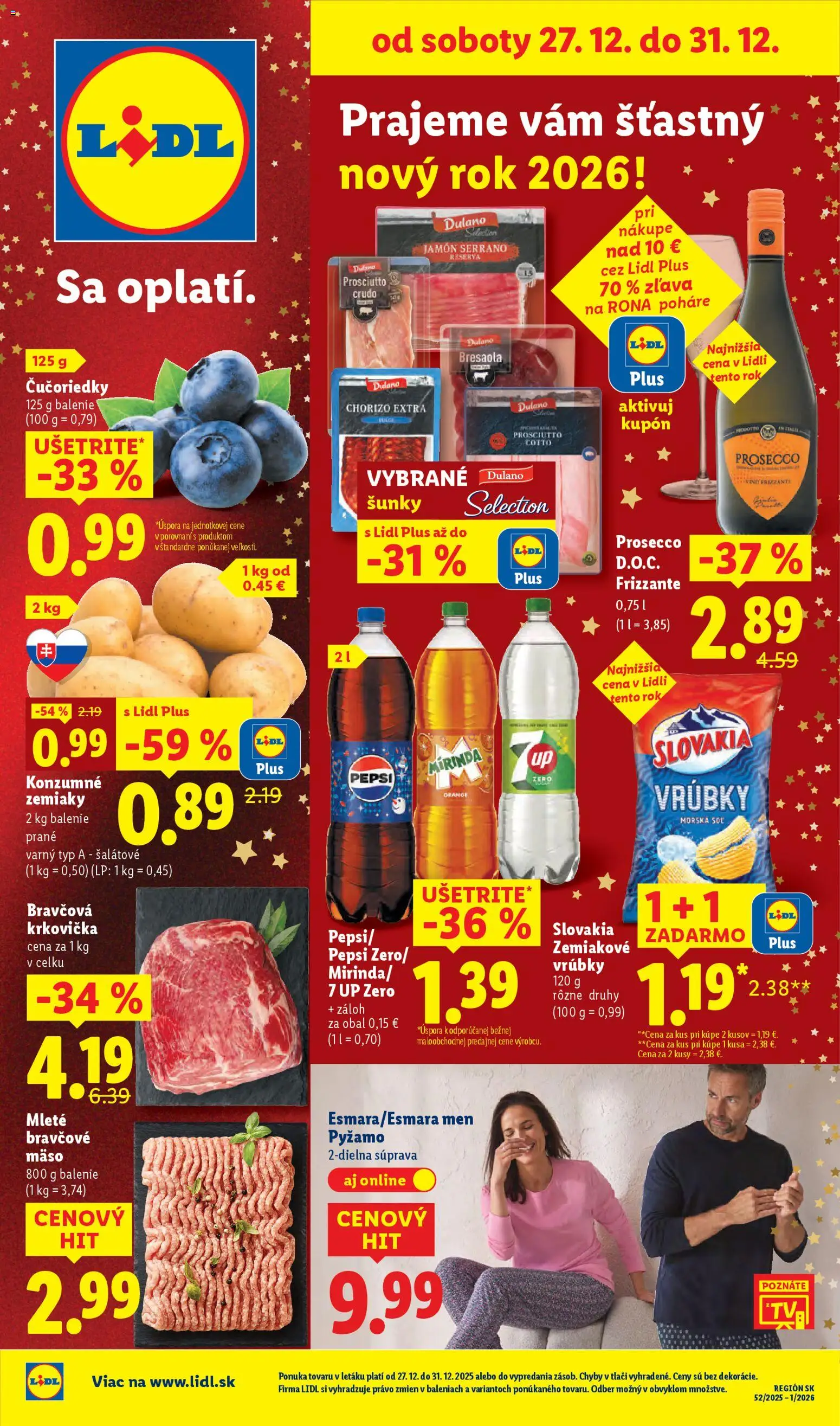 Nové Lidl akcie – leták je platný od 27.12.2025 | Strana: 1 | Produkty: Prosecco, Bravčová krkovička, Krkovička, Bravčové mäso