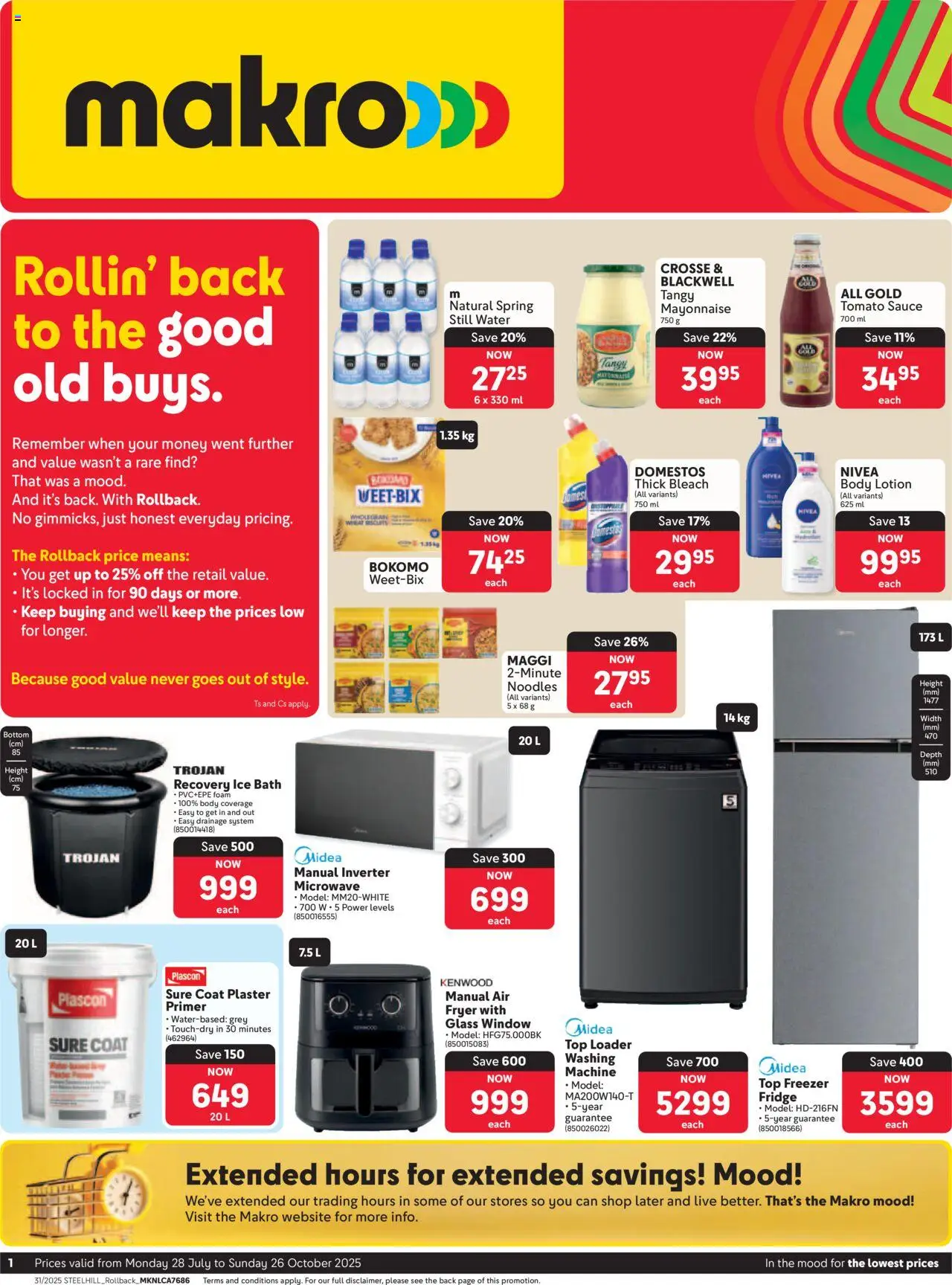 Makro - Rollback Specials │ valid from 28.07.2025 | Page: 1 | Products: Washing machine, Microwave, Tomato sauce, Lotion