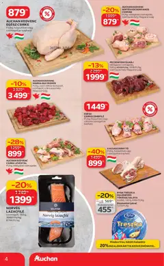 Auchan Akciós újság - amely érvényes a következő dátumtól: 26.02.2026 | Oldal: 4 | Termékek: Egész csirke, Lazacfilé, Csirkecombfile, Kocsonyahús