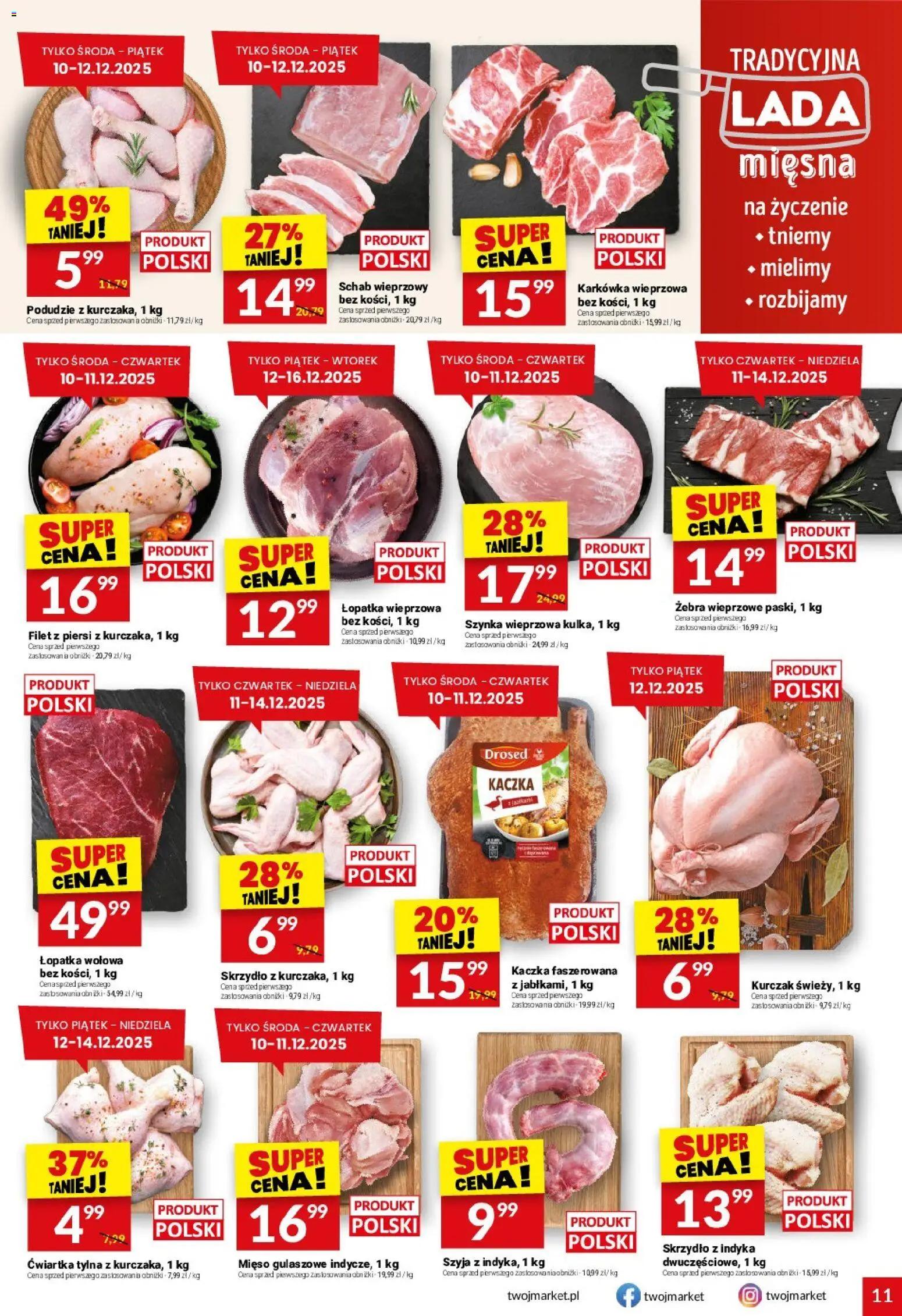 Twój Market Gazetka od 10.12.2025 | Strona: 11 | Produkty: Karkówka, Kurczak, Kaczka, Szynka wieprzowa