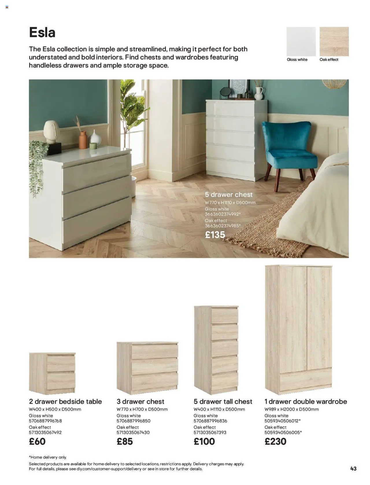  | Page: 43 | Products: Table, 5 drawer tall chest, Wardrobe, Bedside table