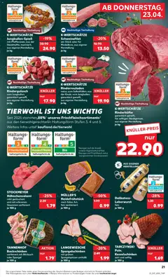 K-WERTSCHÄTZE Rindergulasch, vom Jungbullen, garantiert gereift, aus eigener Herstellung je kg ab 23.04.2026 gültig | Seite: 21 | Produkte: Rinderrouladen, Spargel, Schweinefilet, Salami