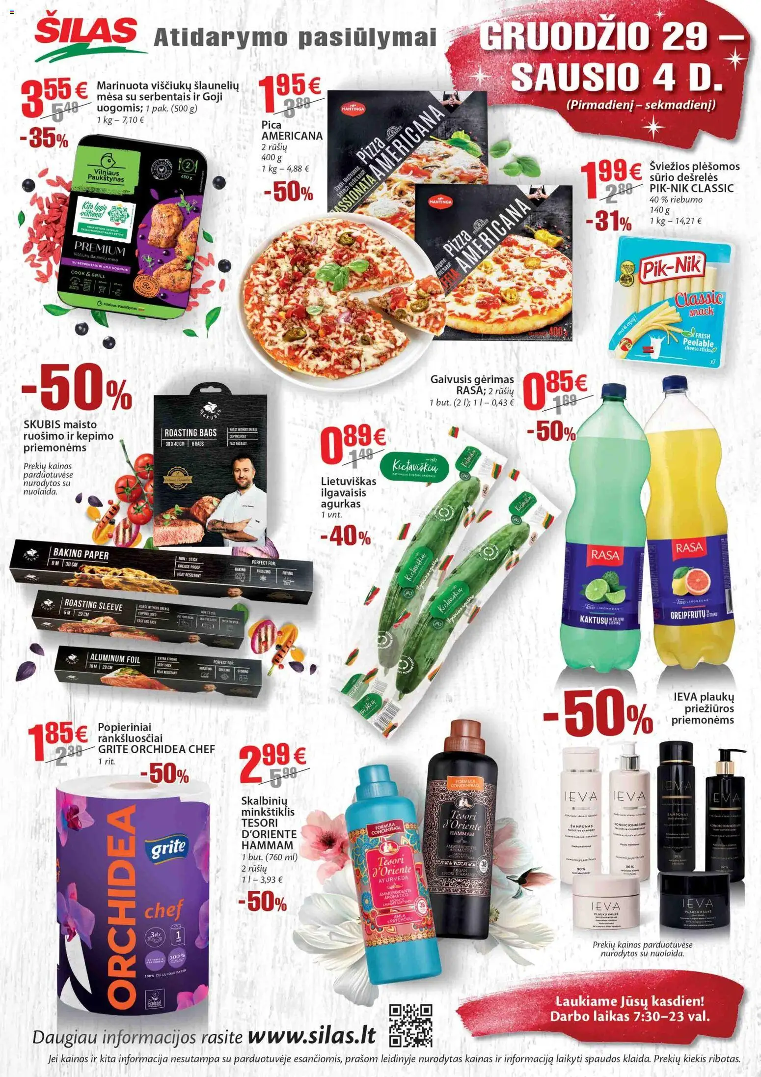 Šilas akcijos nuo 29.12.2025 | Puslapis: 2 | Prekių: Gaivusis gėrimas, Dešrelės, Kaukė, Pica