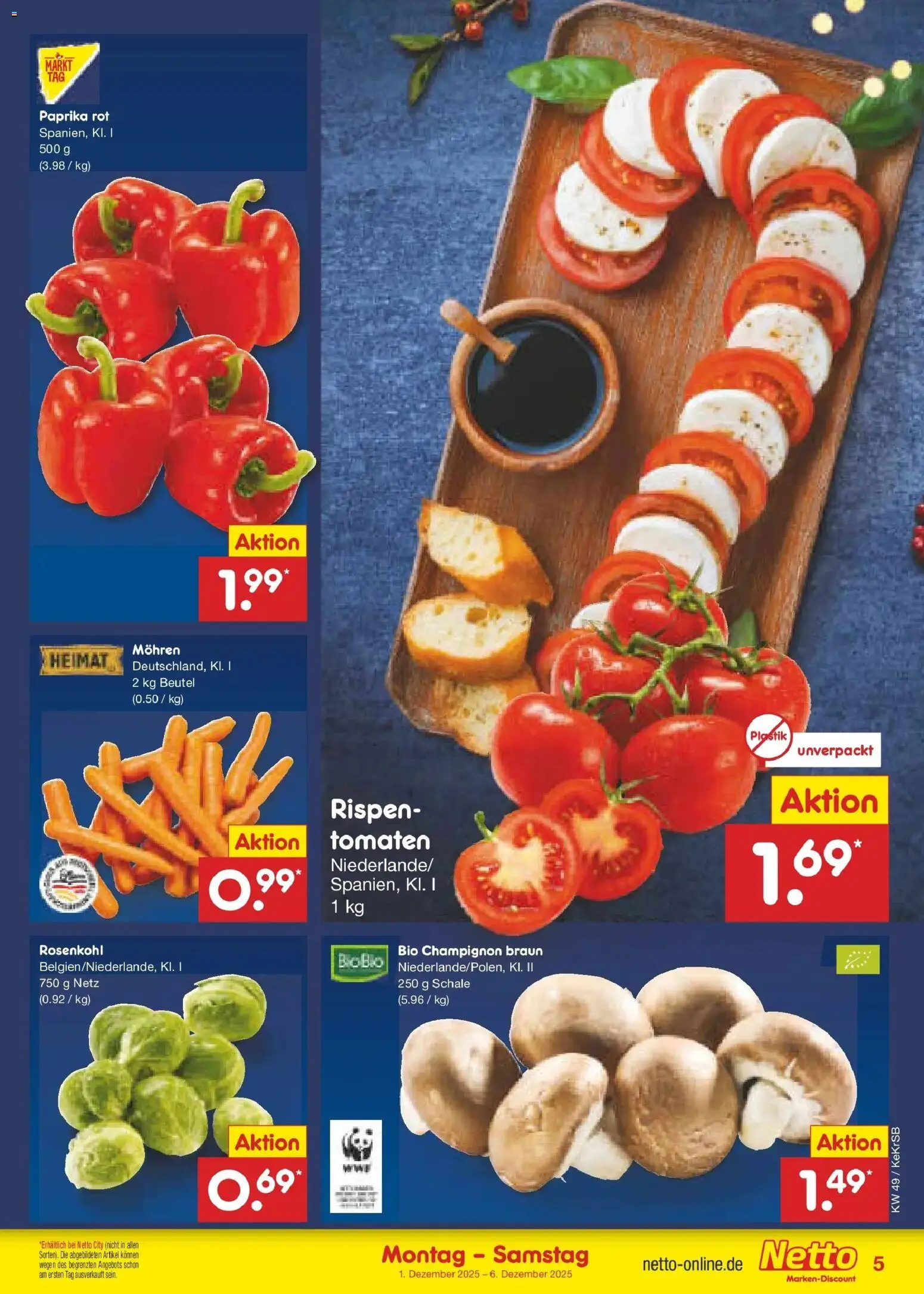 Netto Marken-Discount prospekt Bonn	 – gültig ab 01.12.2025 | Seite: 5 | Produkte: Paprika rot, Tomaten, Mohren, Paprika