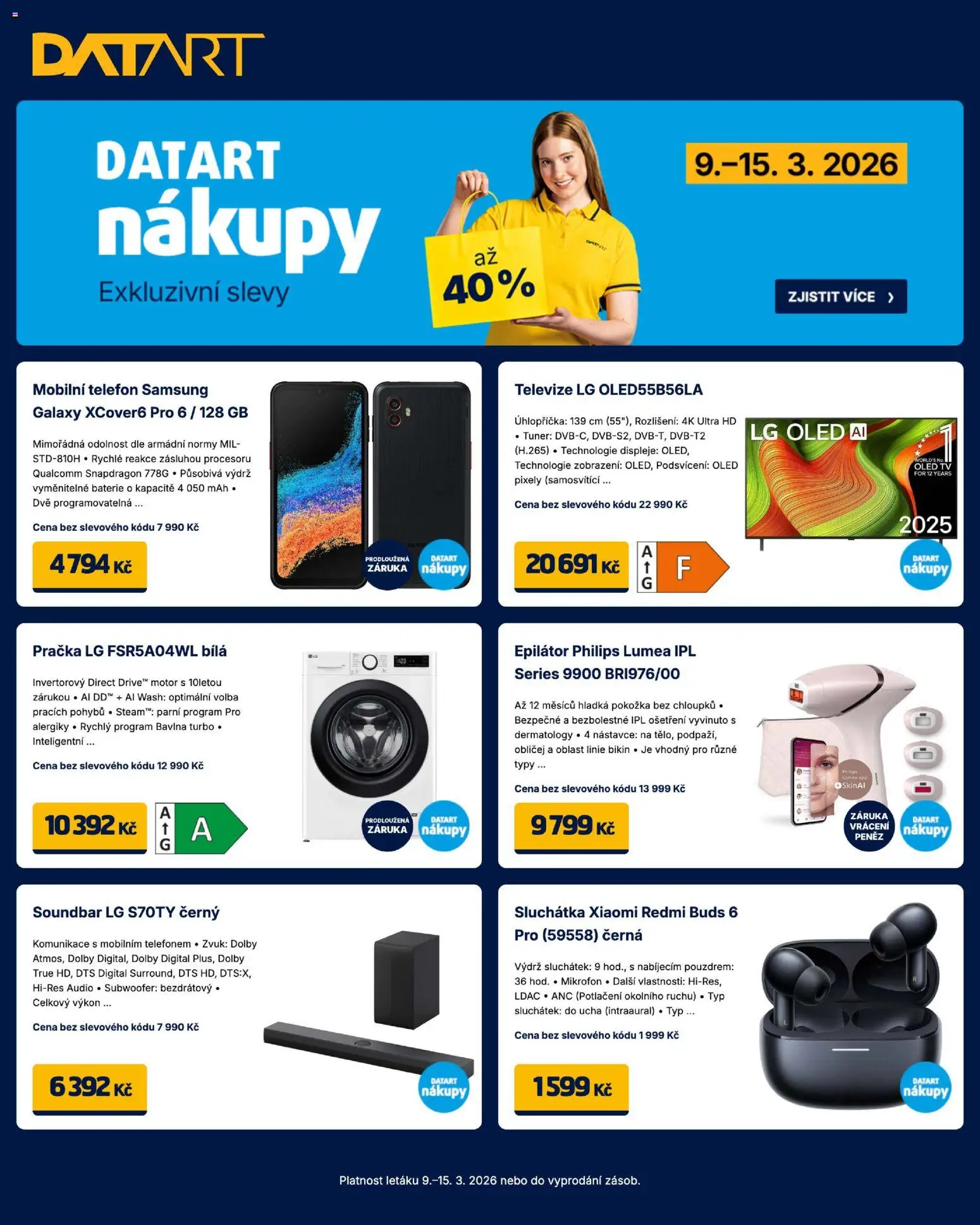Datart leták od 09.03.2026 | Strana: 1 | Produkty: Pračka, Telefon, Sluchátka, Xiaomi