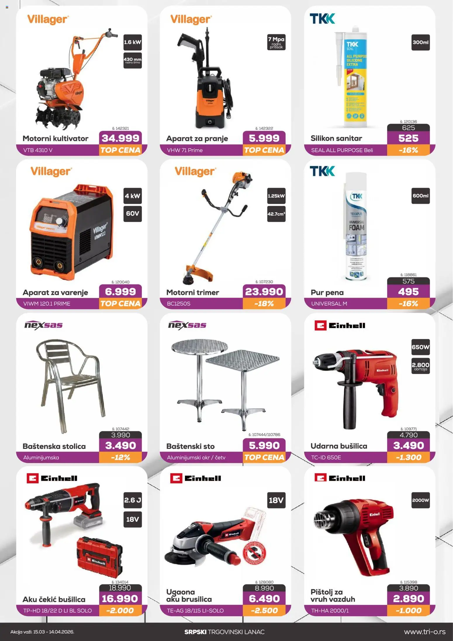 Tri O katalog - važi od 15.03.2026 | Strana: 3 | Proizvode: Baštenski sto, Brusilica, Udarna bušilica, Bušilica