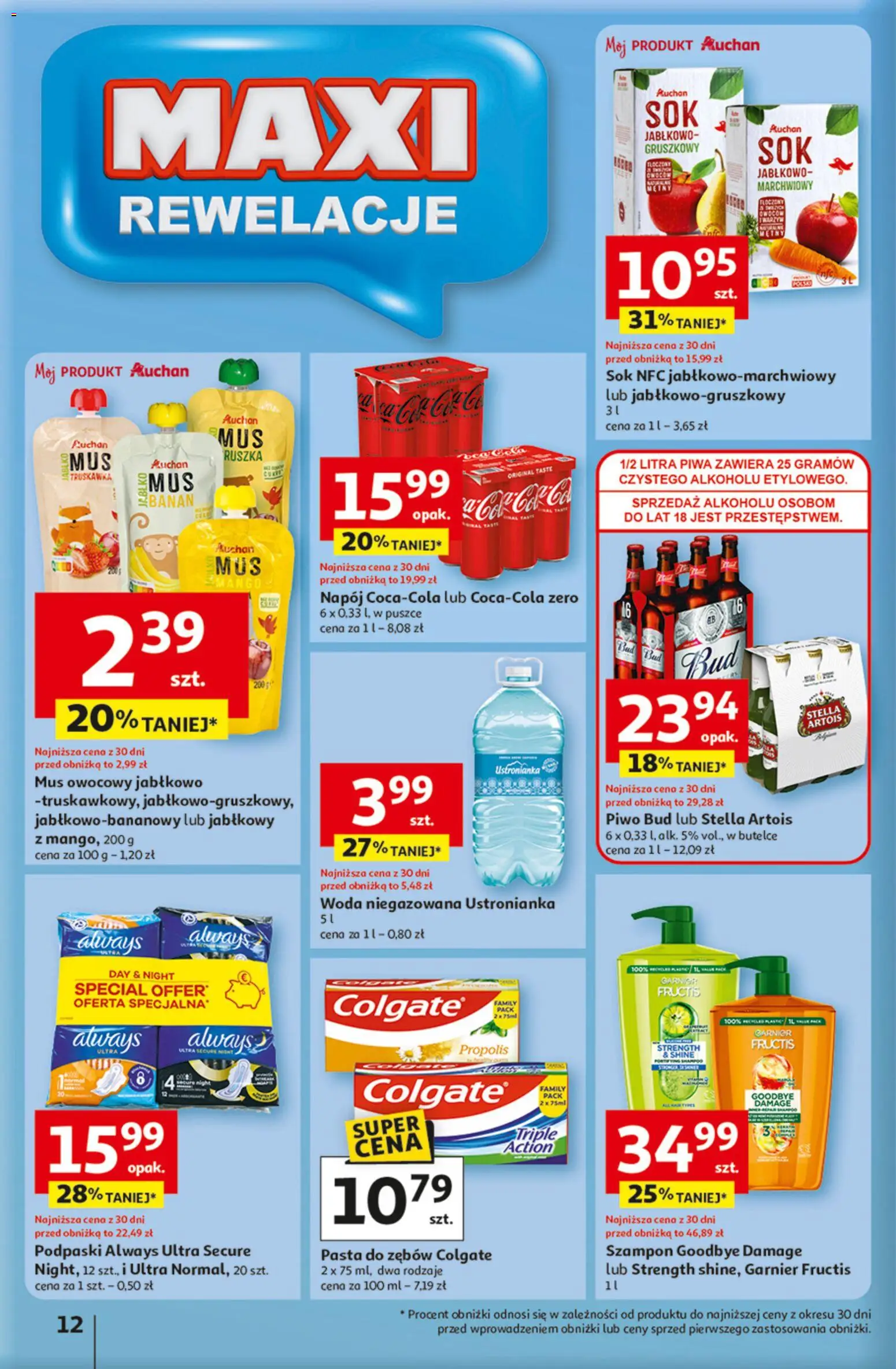 Auchan Gazetka - 30 Lat Hipermarket od 15.01.2026 | Strona: 12 | Produkty: Podpaski, Sok, Piwo, Banan