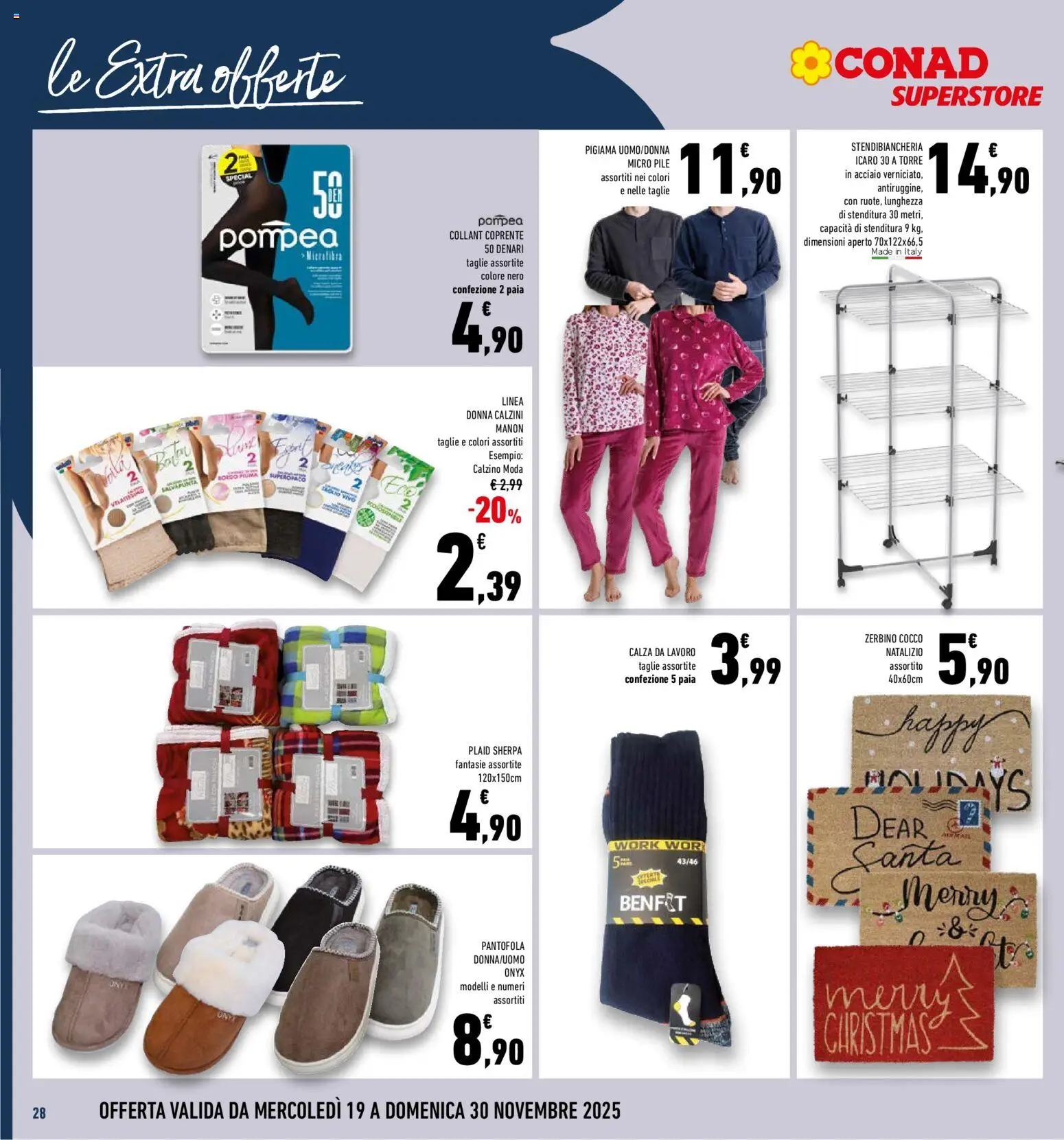 Volantino Conad del 19.11.2025 | Pagina: 28 | Prodotti: Calzini, Pigiama, Cocco, Zerbino