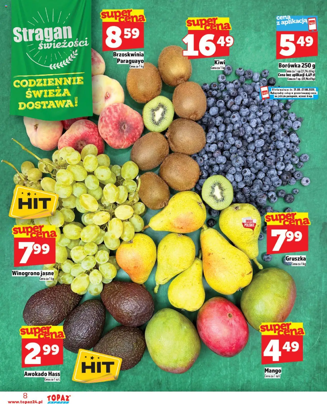 Topaz Gazetka - Express od 21.08.2025 | Strona: 8 | Produkty: Mango, Gruszka, Winogrono, Awokado