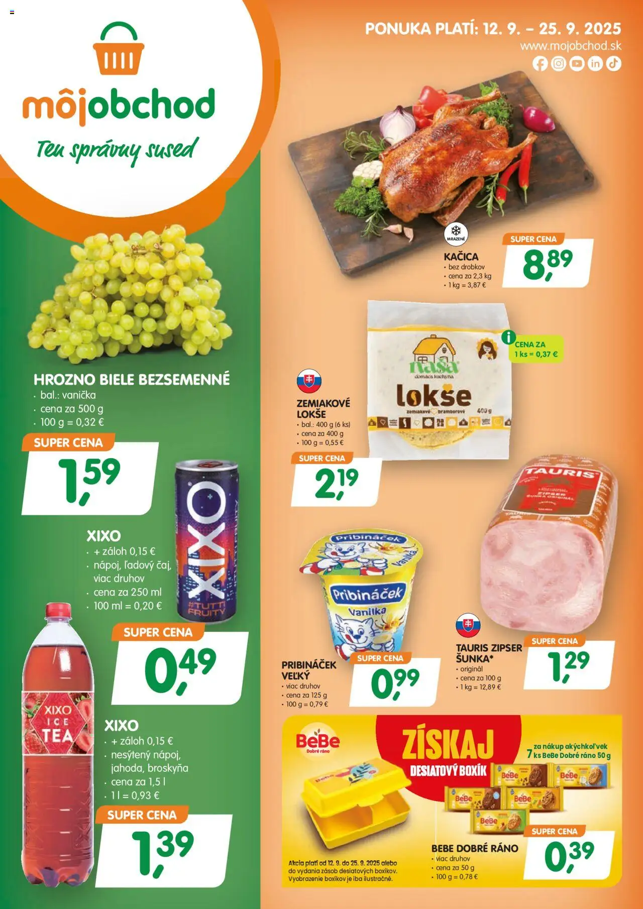 Nové Môj obchod akcie – leták je platný od 12.09.2025 | Strana: 1 | Produkty: Kuchyňa, BeBe Dobré ráno, Kačica, Hrozno