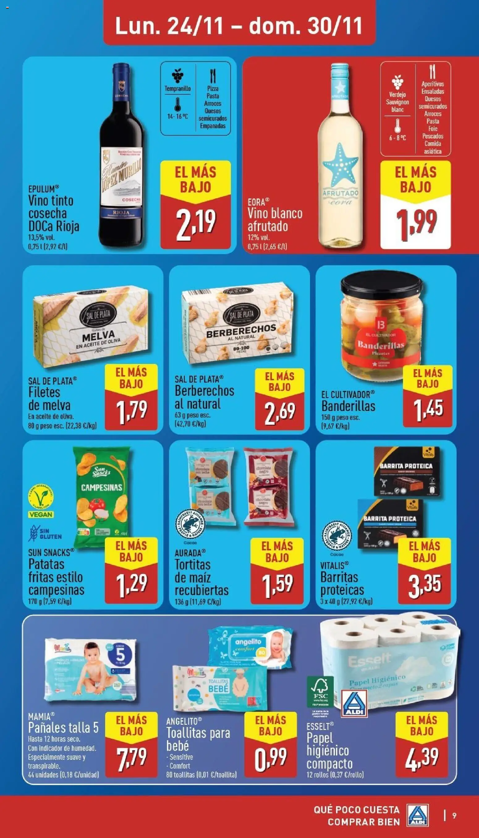 Aldi folleto Canarias │ válido desde el 24.11.2025 | Página: 9 | Productos: Berberechos, Vino, Aceite de oliva, Φρυγανιές σικάλεως