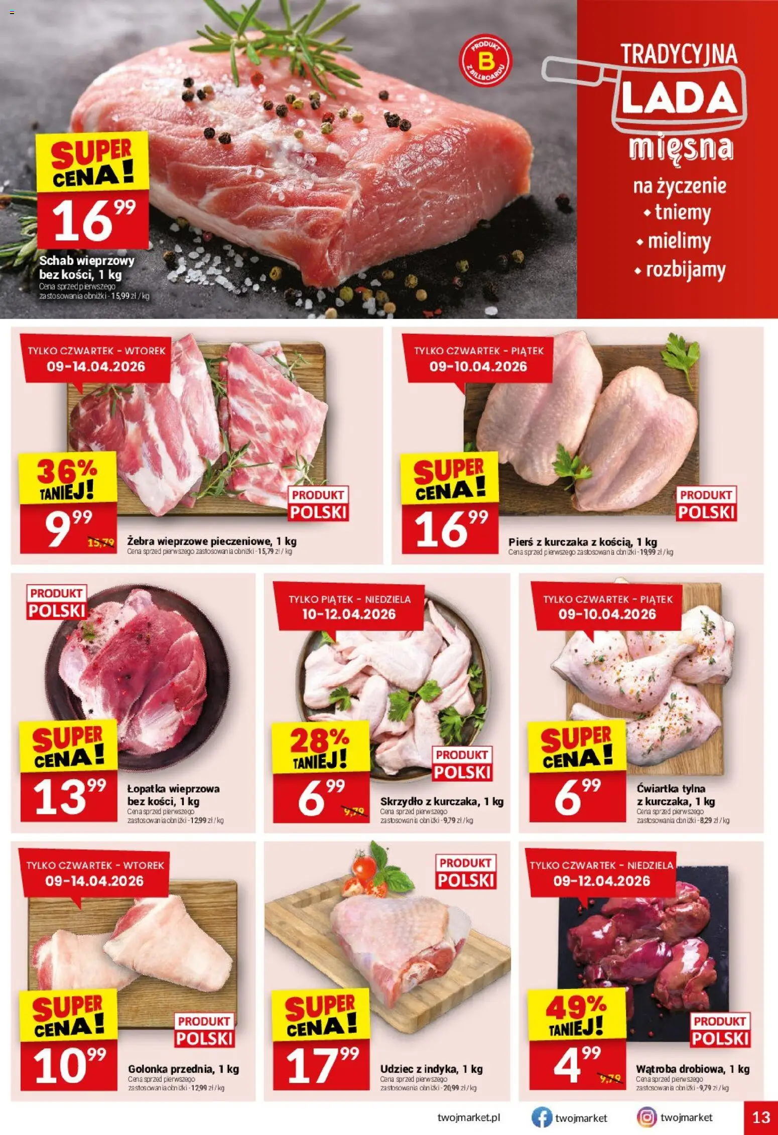 Twój Market gazetka od 08.04.2026 | Strona: 13 | Produkty: Pierś z kurczaka, Schab, Schab wieprzowy, Łopatka wieprzowa