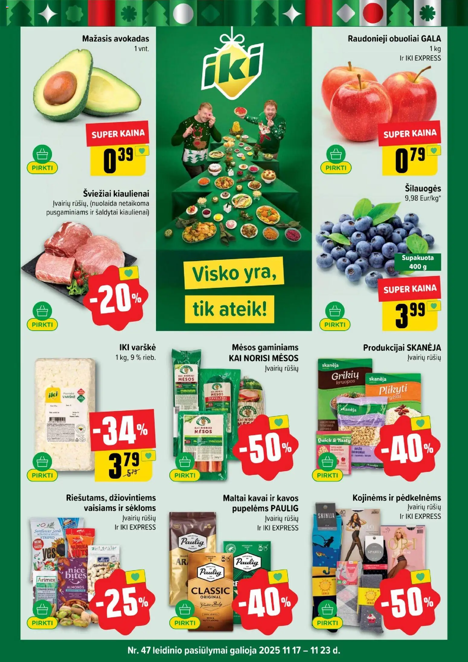 IKI akcijos nuo 17.11.2025 | Puslapis: 1 | Prekių: Kruopos, Šilauogės, Varškė, Obuoliai