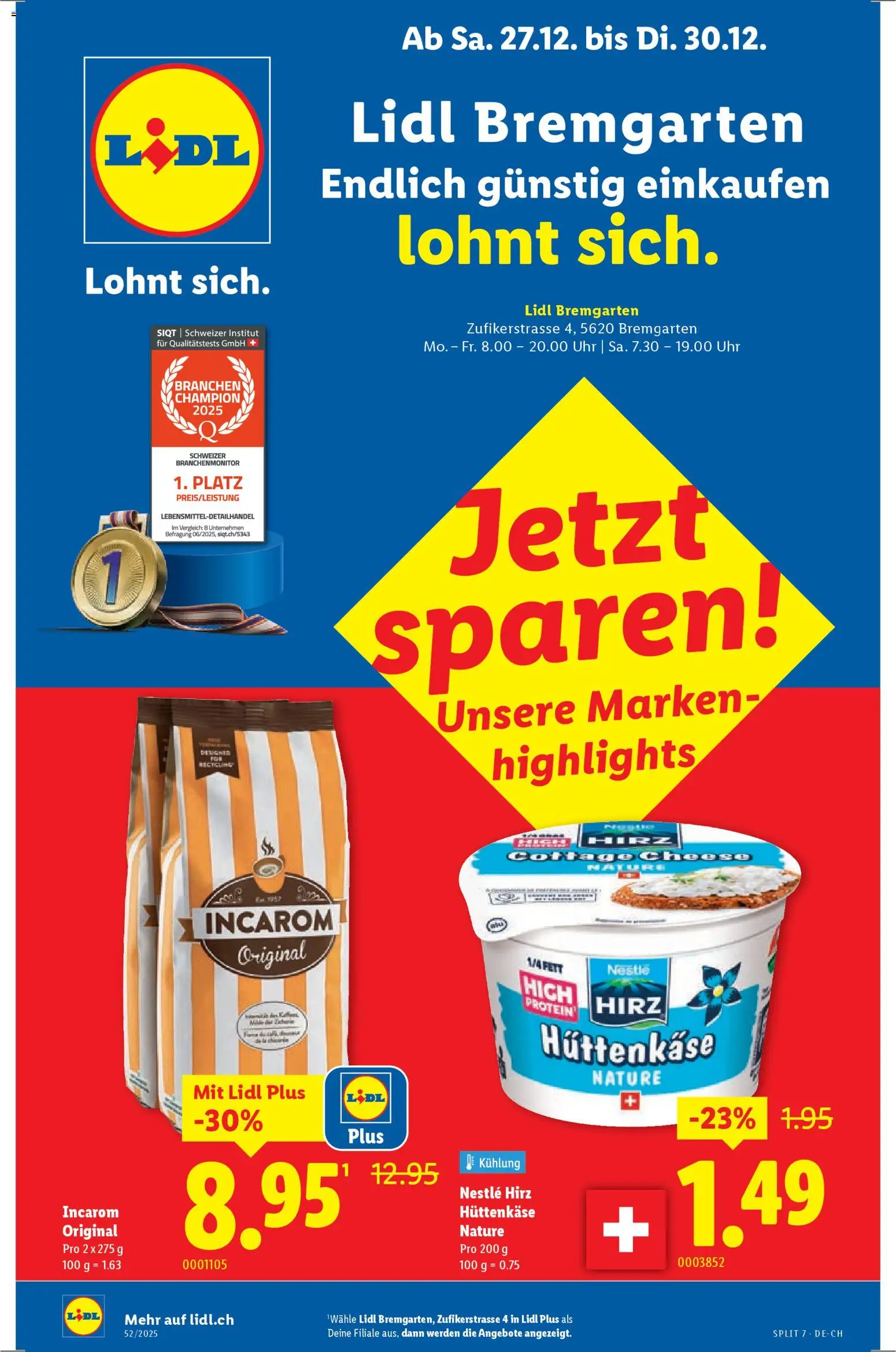 Lidl Aktionen Neueröffnung Bremgarten – gültig ab 27.12.2025 | Seite: 1 | Produkte: Hüttenkäse, Uhr