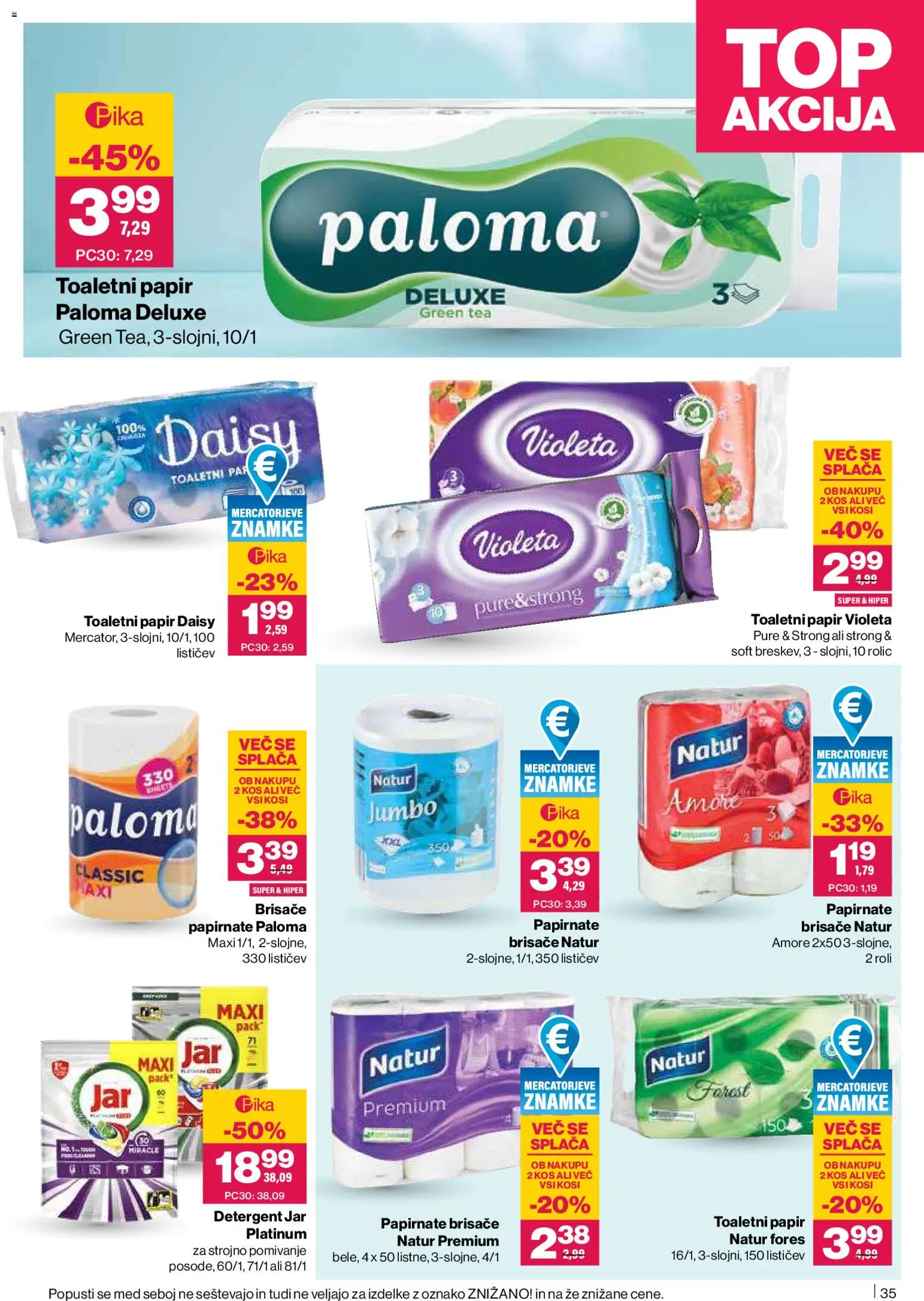 Novi Mercator katalog ponudbe – veljaven od 26.03.2026 | Stran: 35 | Izdelki: Toaletni papir, Papirnate brisače, Kos, Detergent