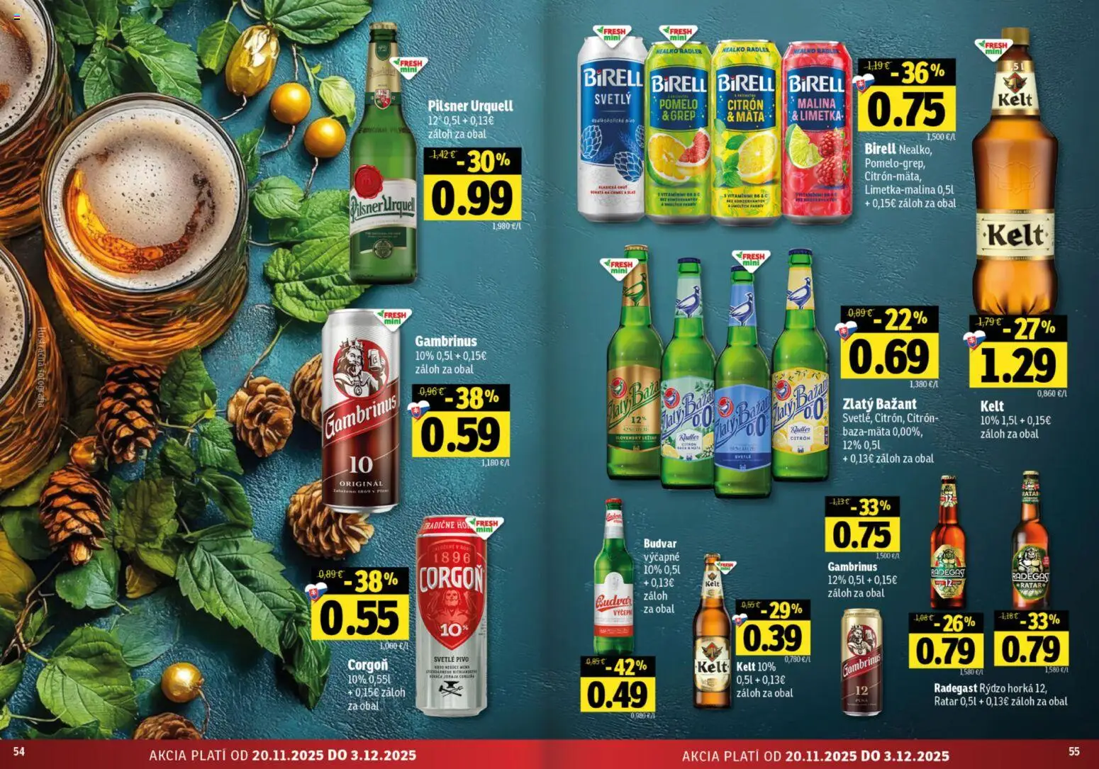 Nové Fresh akcie – leták je platný od 20.11.2025 | Strana: 28 | Produkty: Pilsner Urquell, Birell, Budvar, Grep