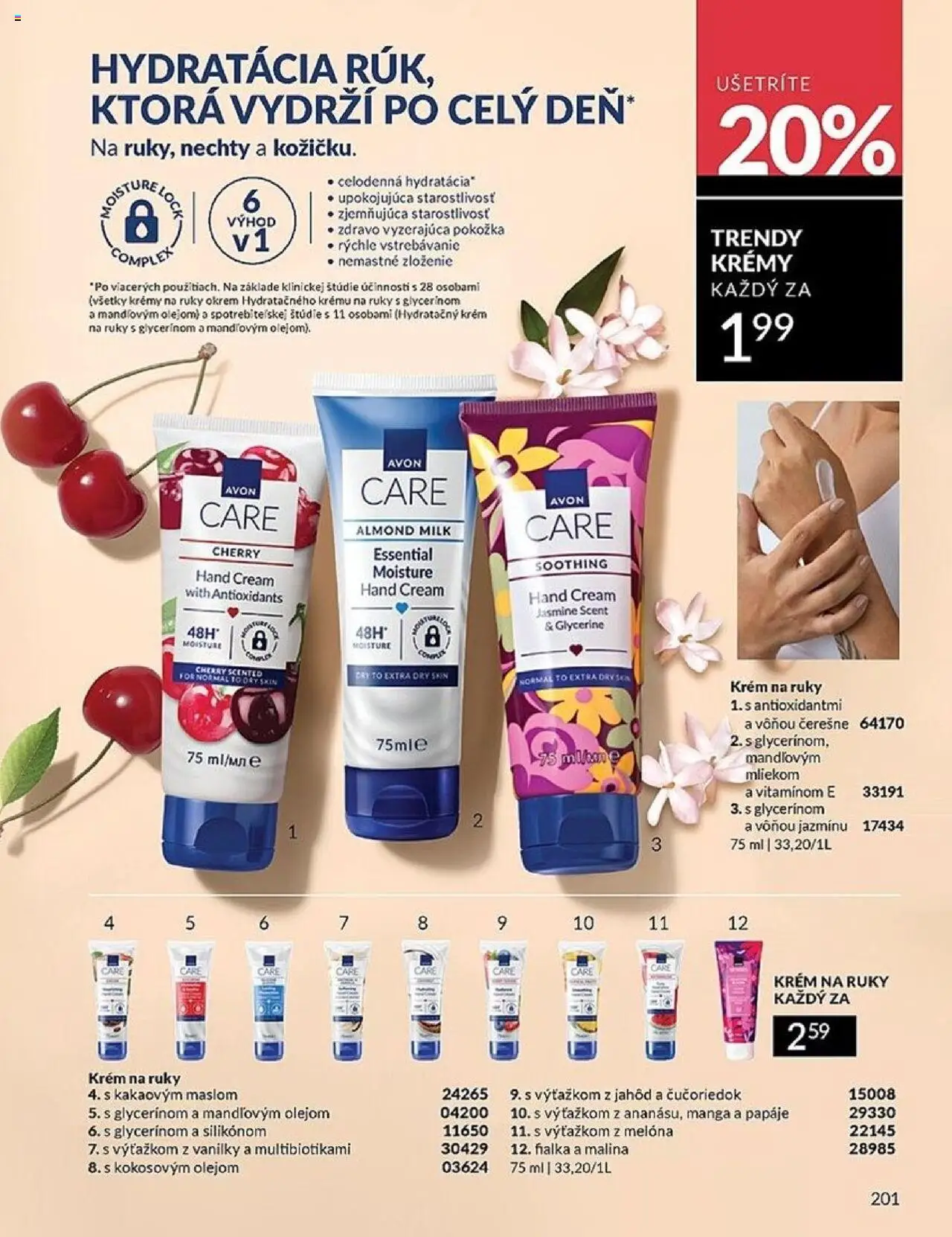 Nové Avon akcie – leták je platný od 01.10.2025 | Strana: 201 | Produkty: Krém na ruky, Krém, Čerešne