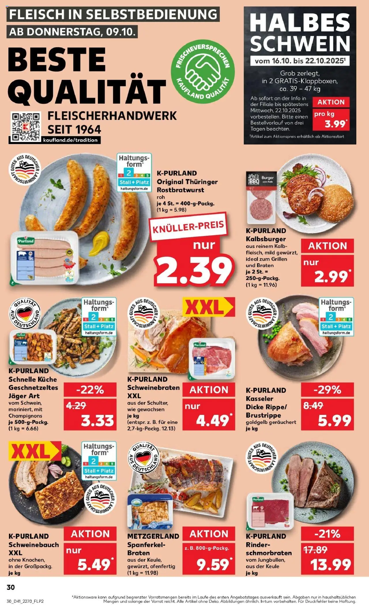 Kaufland prospekt Baden-Baden	 – gültig ab 13.10.2025 | Seite: 30 | Produkte: Schweinebauch, Küche, Burger, Champignons