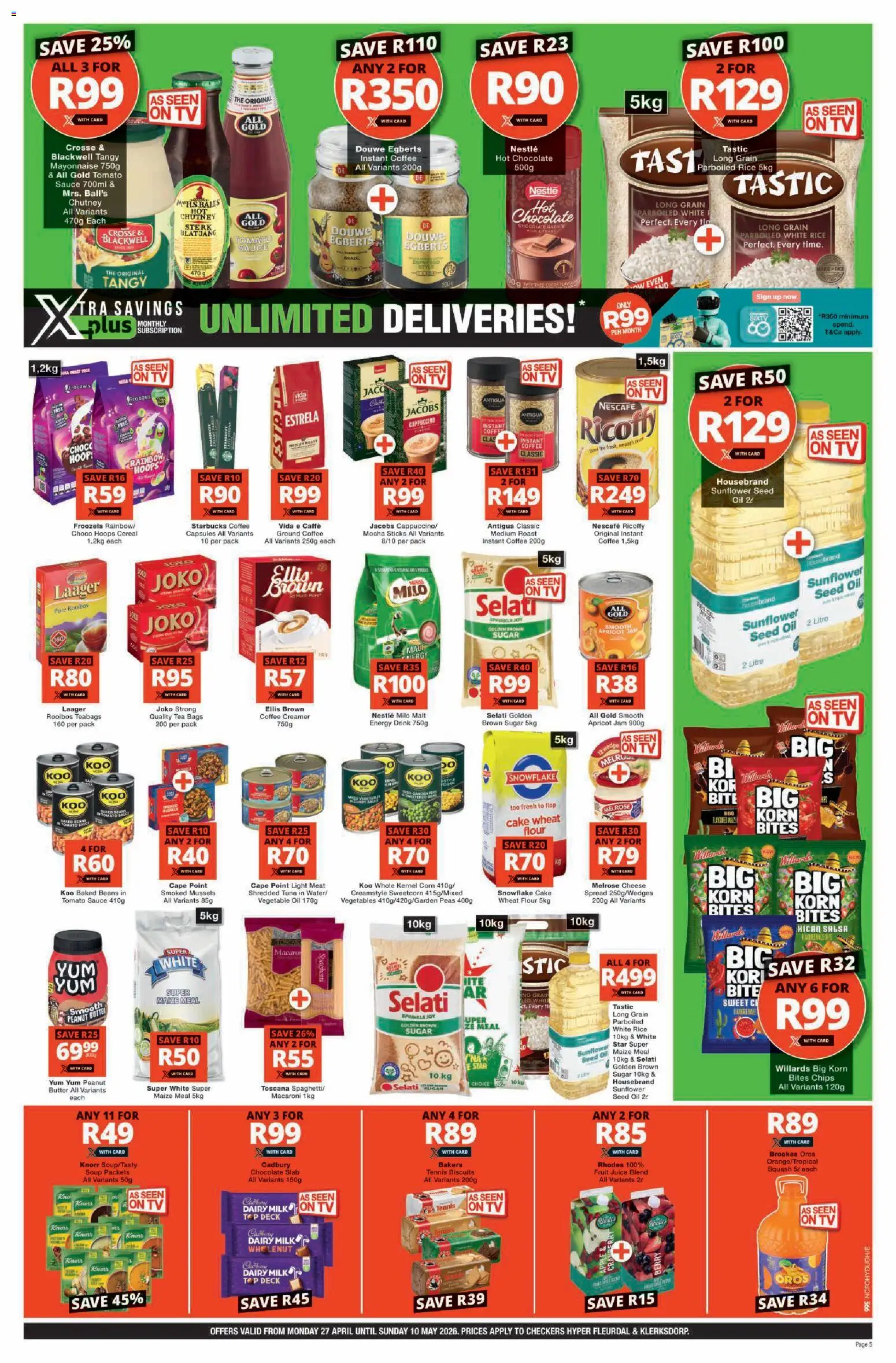 New Checkers catalogue – valid from 27.04.2026 | Page: 5 | Products: Maize meal, Cheese, Light, Creamer