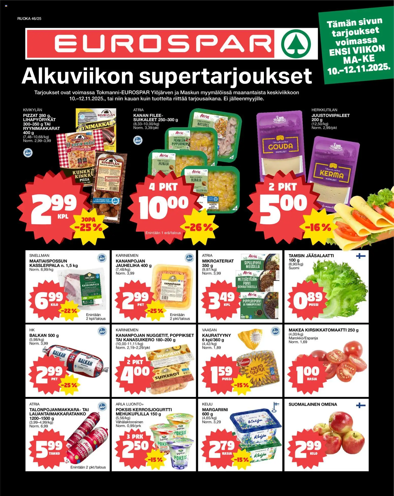 Tokmanni - EUROSPAR Ruokasanomat – voimassa 10.11.2025 alkaen | Sivu: 1 | Tuotteet: Jauheliha, Margariini, Pihvi, Hunaja
