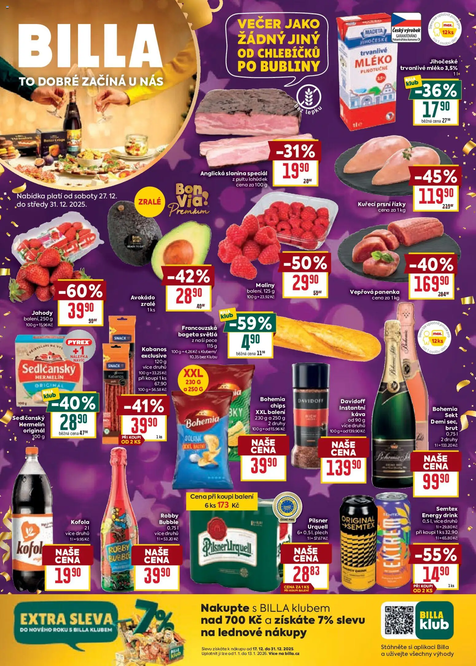 Billa Malý leták od 27.12.2025 | Strana: 1 | Produkty: Sedlčanský Hermelín, Hermelín, Sekt, Maliny
