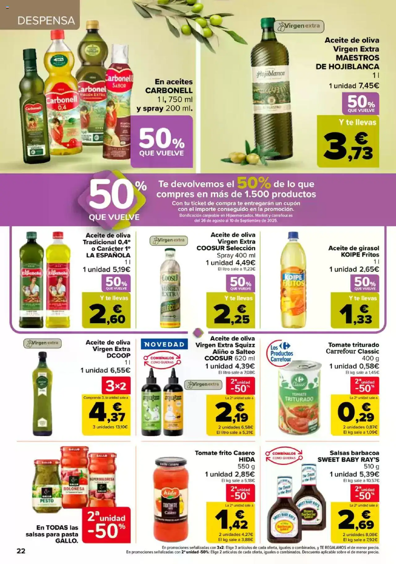 Carrefour folleto │ válido desde el 08.08.2025 | Página: 24 | Productos: Aceite, Aceite de oliva, Aceite de girasol, Tomate triturado