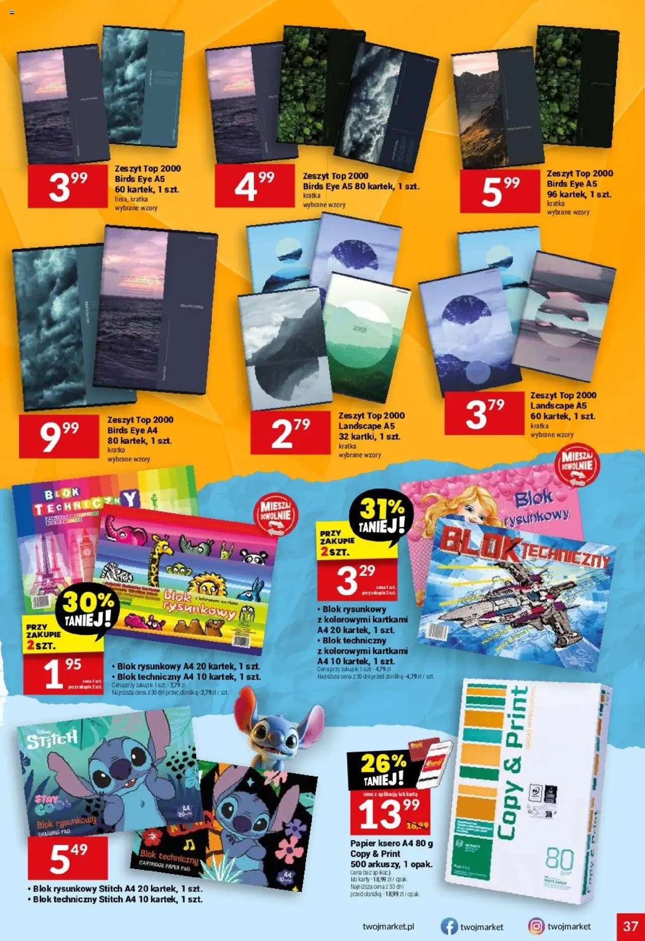 Twój Market Gazetka od 06.08.2025 | Strona: 37 | Produkty: Karta, Top, Zeszyt, Papier ksero