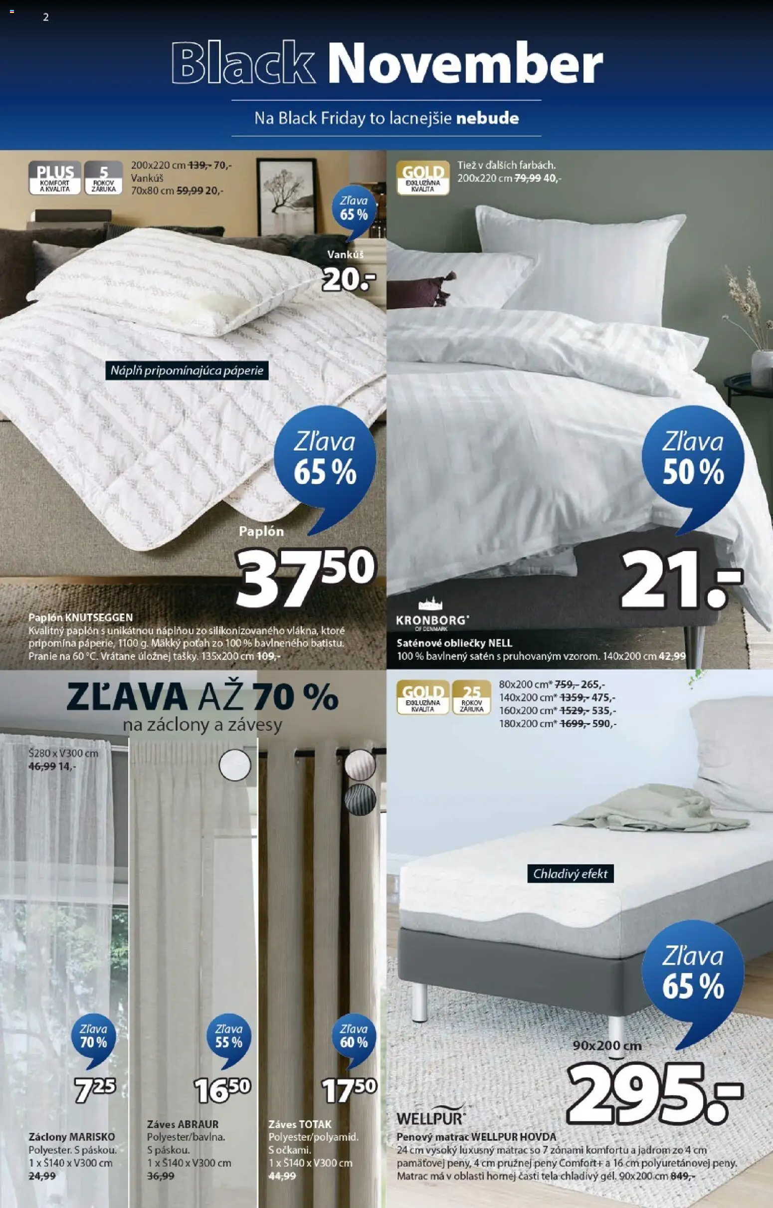 Nové JYSK akcie – leták je platný od 10.11.2025 | Strana: 2 | Produkty: Matrac, Obliečky, Vankúš, Závesy
