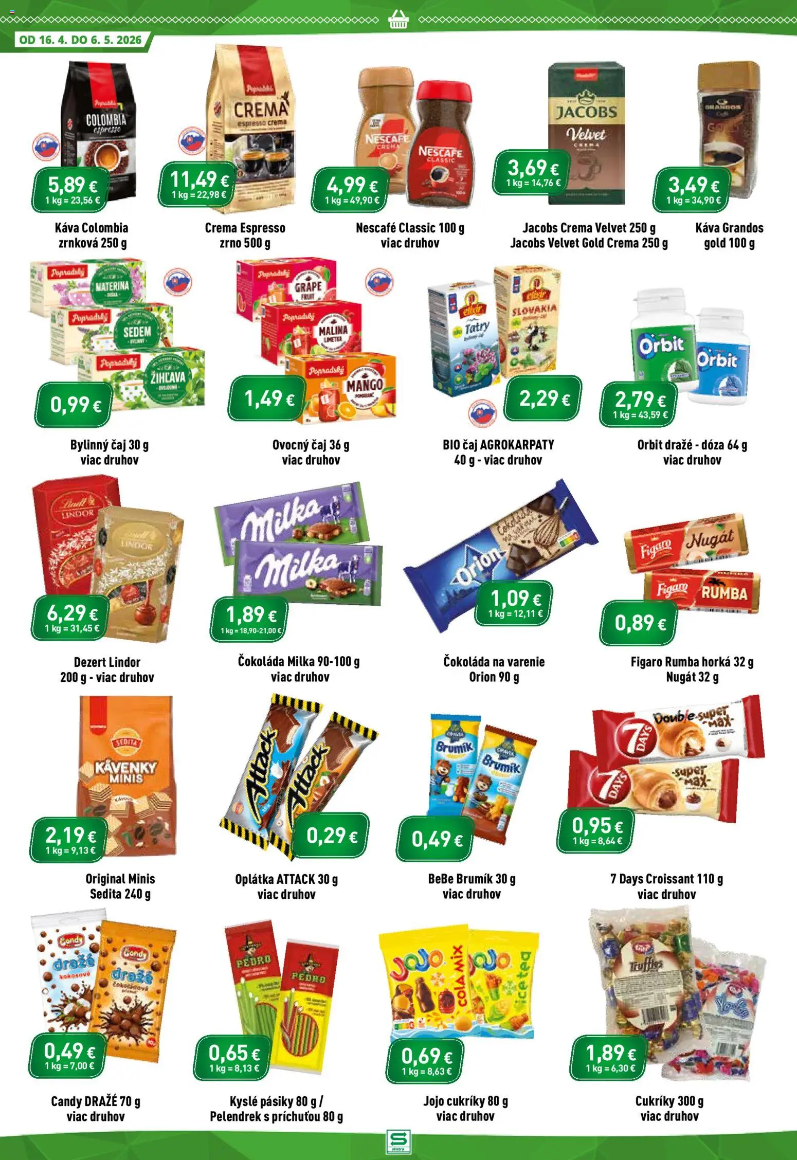 Nové Sintra akcie – leták je platný od 16.04.2026 | Strana: 8 | Produkty: Káva, Croissant, Lindor, Cukríky