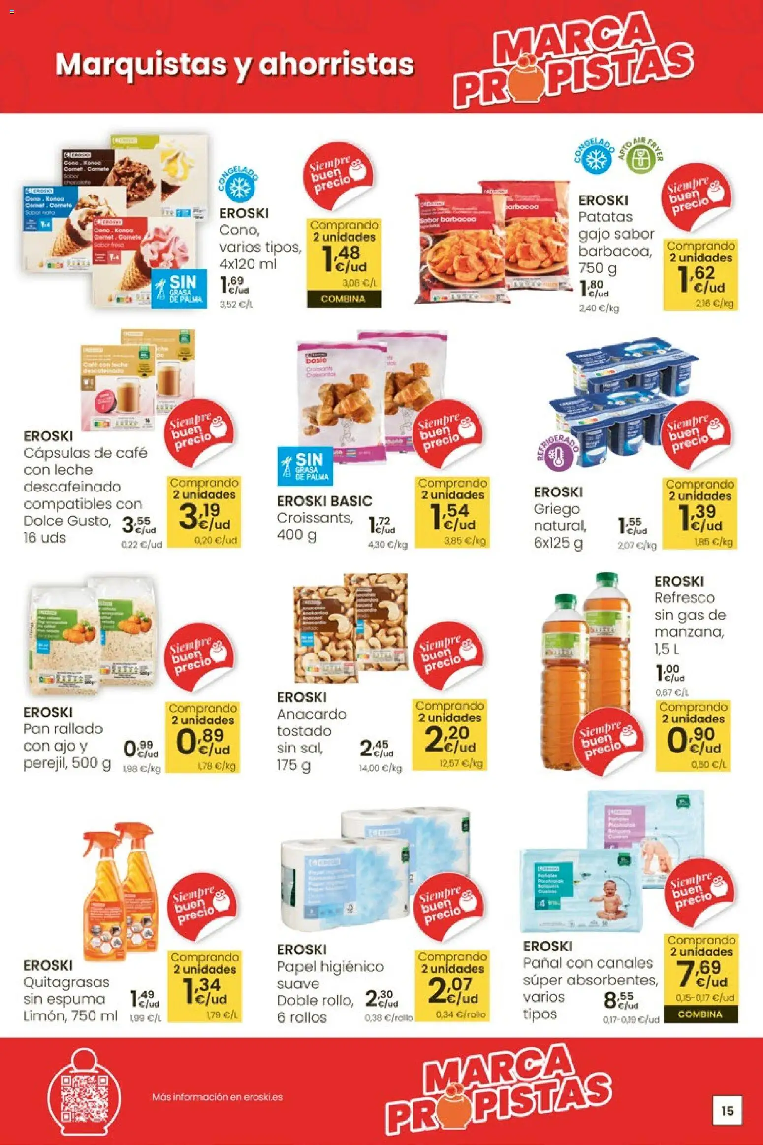 Eroski Quieres ahorrar conmigo │ válido desde el 16.04.2026 | Página: 15 | Productos: Leche, Papel higienico, Σανίδα, Barbacoa