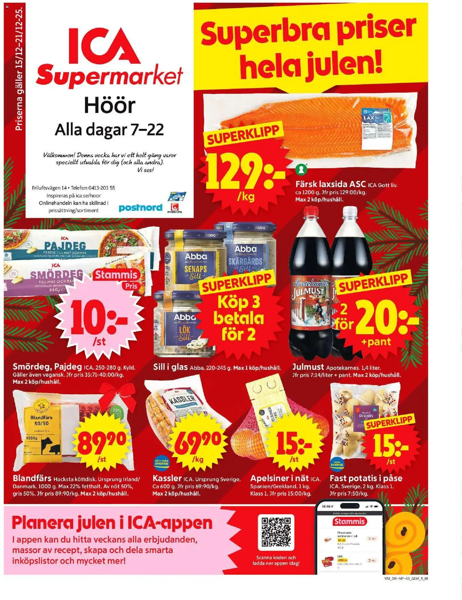 ICA Supermarket reklamblad aktuell från 15.12.2025 | Sida: 1 | Produkter: Kassler, Sill, Blandfärs, Potatis
