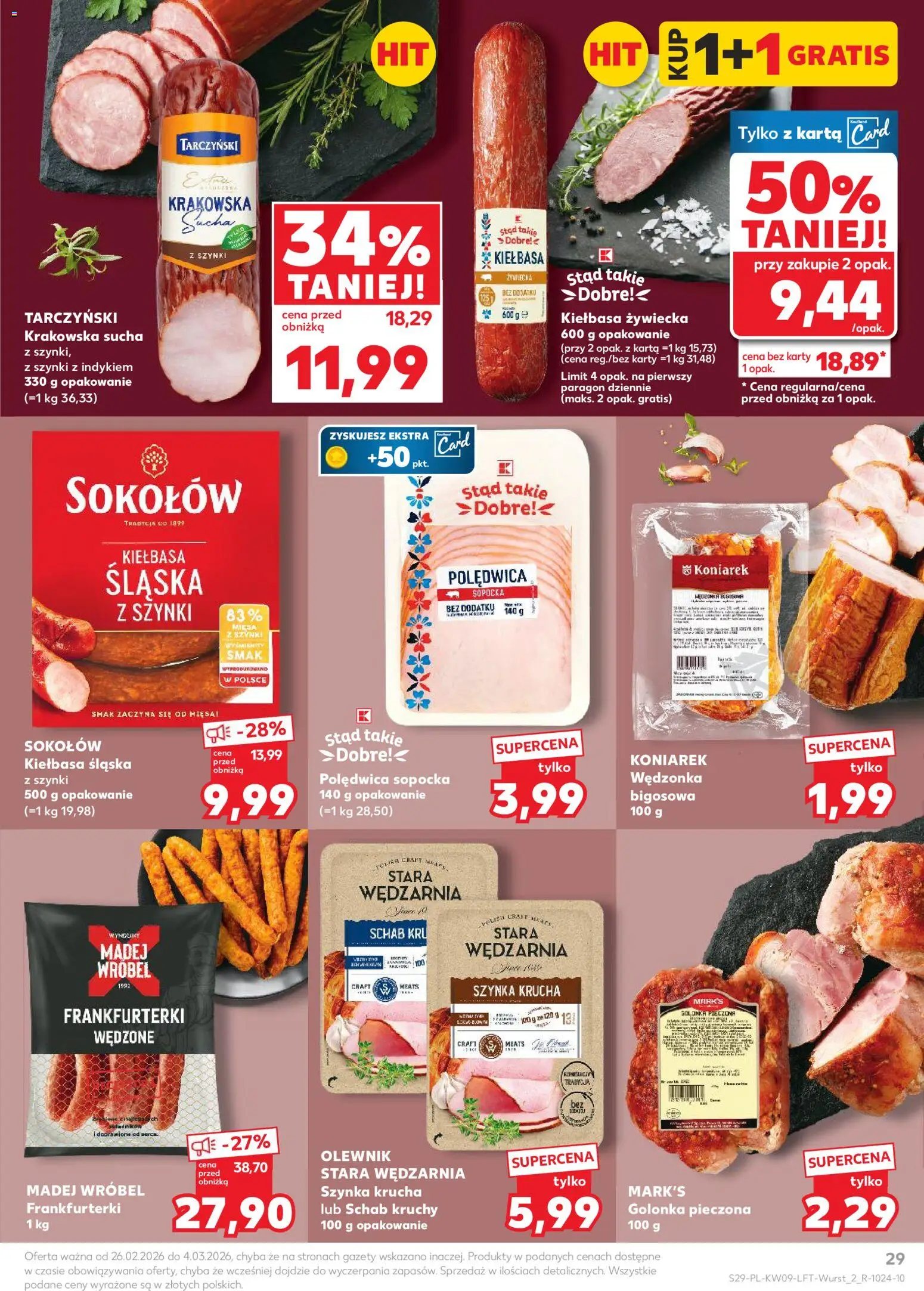 Kaufland gazetka od 26.02.2026 | Strona: 29 | Produkty: Kiełbasa, Schab, Frankfurterki, Szynka