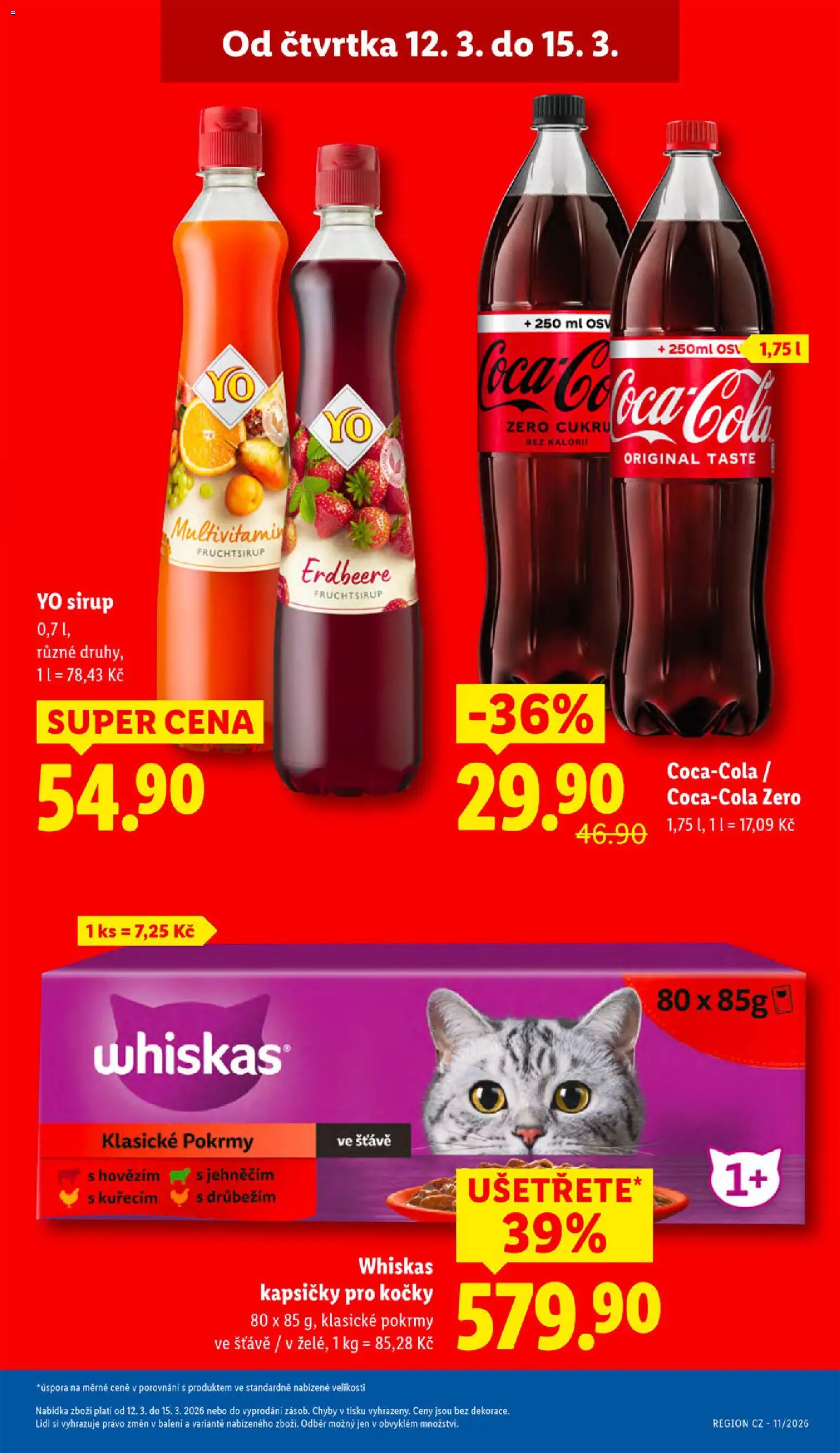 Lidl leták od 12.03.2026 | Strana: 3 | Produkty: Whiskas, Kapsičky pro kočky, Yo sirup, Cola