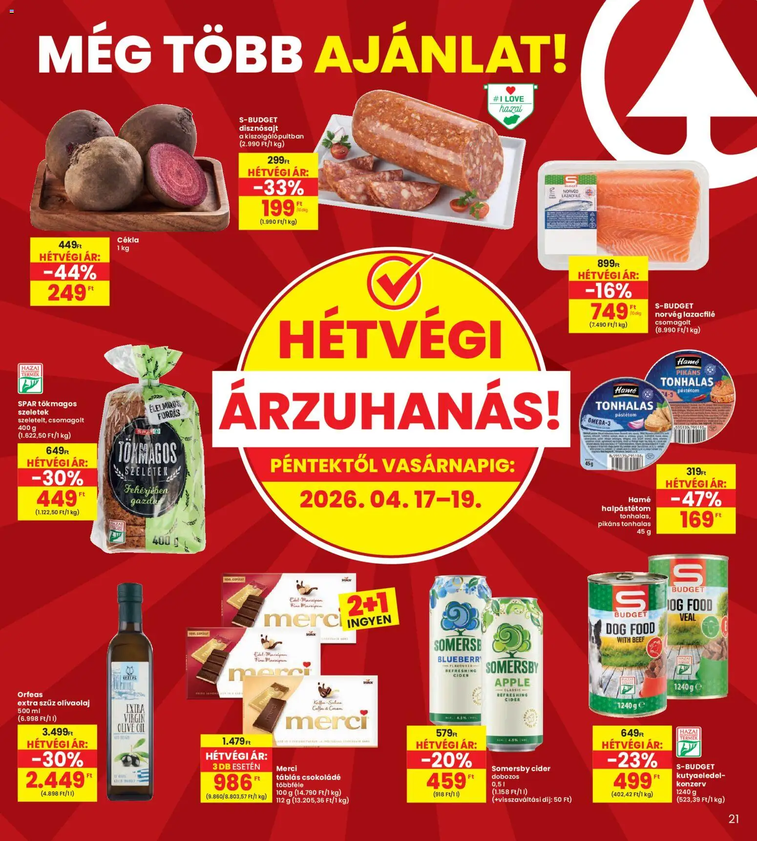 Interspar akciós ujság - amely érvényes a következő dátumtól: 16.04.2026 | Oldal: 21 | Termékek: Cékla, Extra szűz olivaolaj, Csokoládé, Pástétom