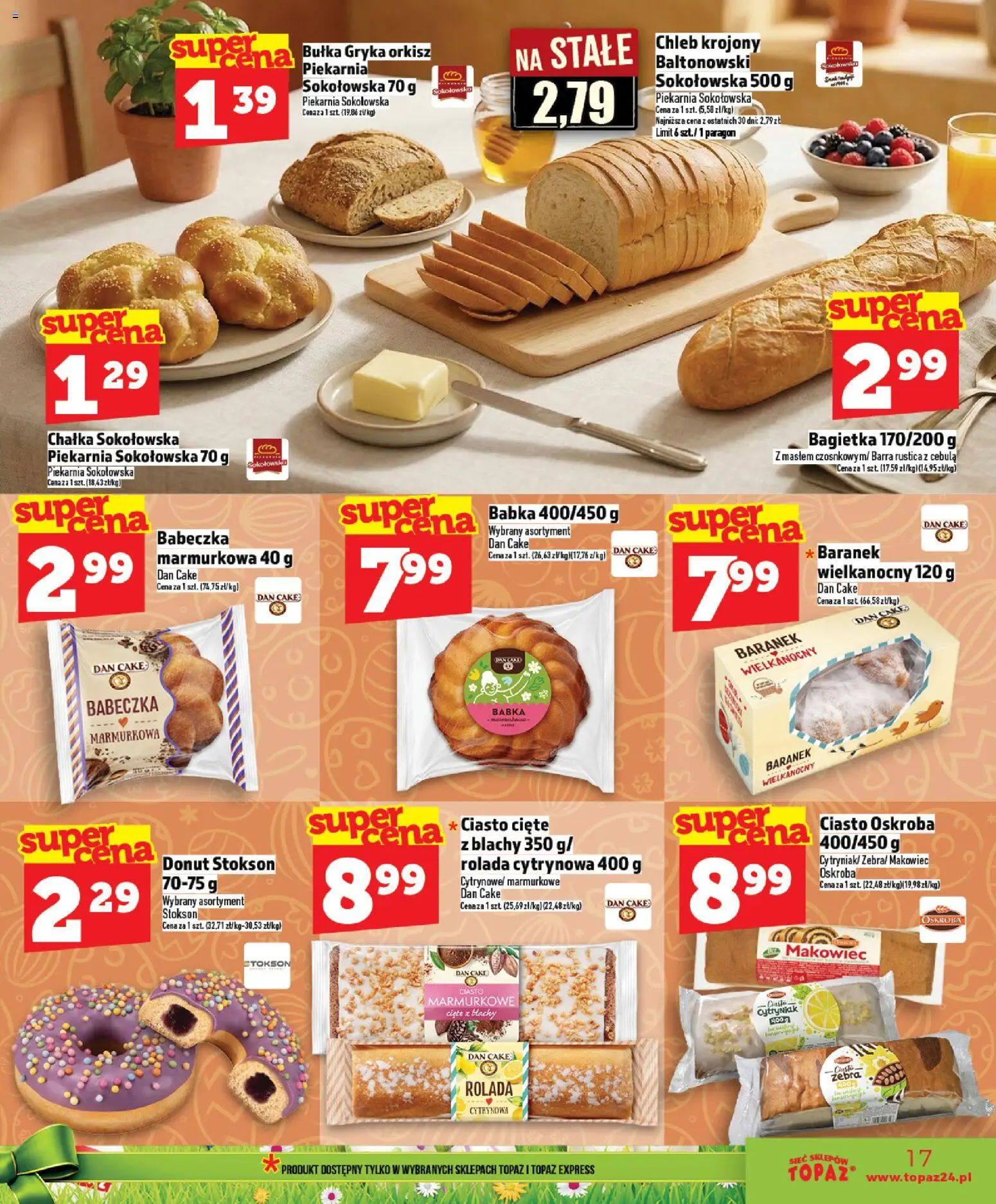 Topaz gazetka - Ceny małe na stałe od 26.03.2026 | Strona: 17 | Produkty: Chleb krojony, Bagietka, Donut, Babka