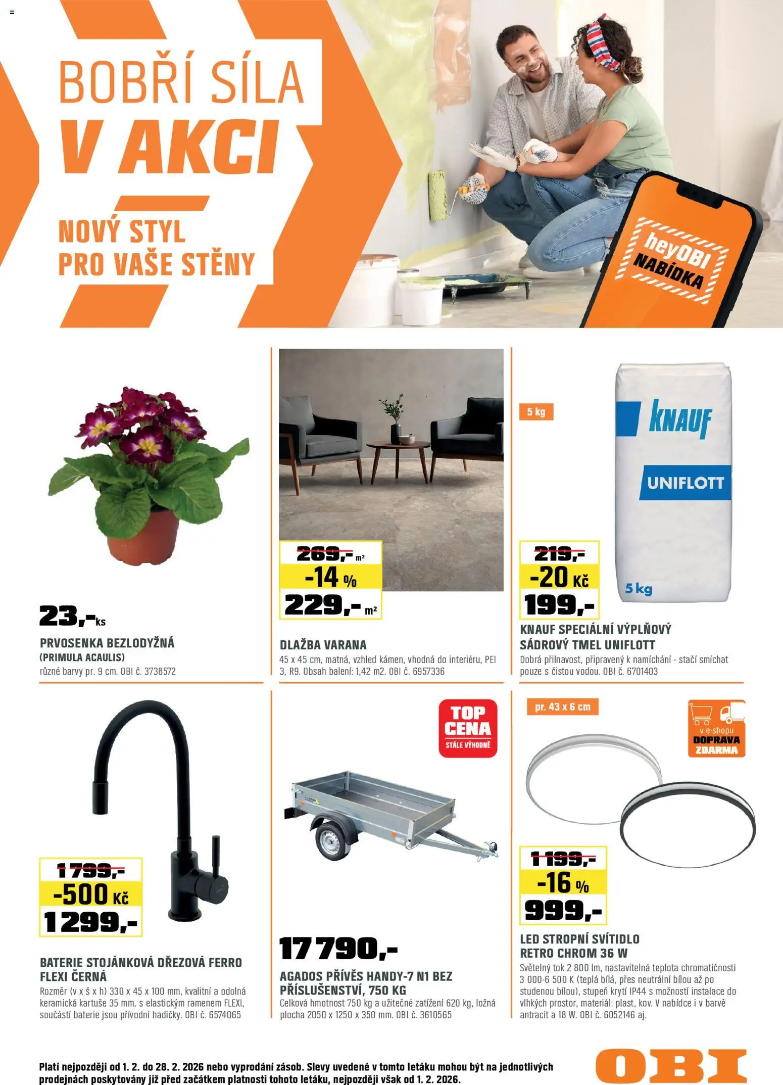 OBI leták od 01.02.2026 | Strana: 1 | Produkty: LED stropní svítidlo, Baterie, Barvy, LED