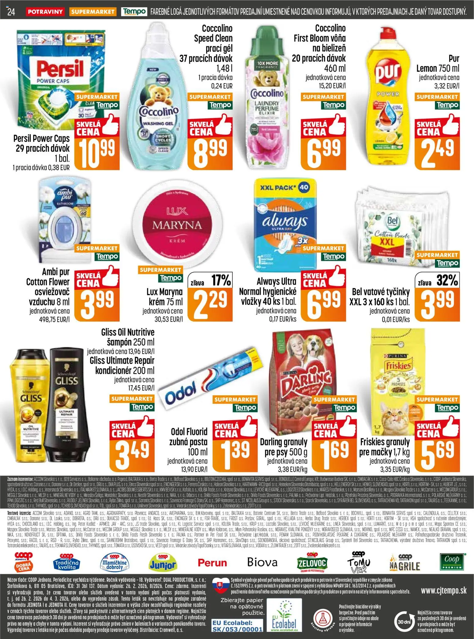 Nové COOP Jednota akcie – leták je platný od 26.02.2026 | Strana: 24 | Produkty: Friskies, Persil, Red Bull, Budvar