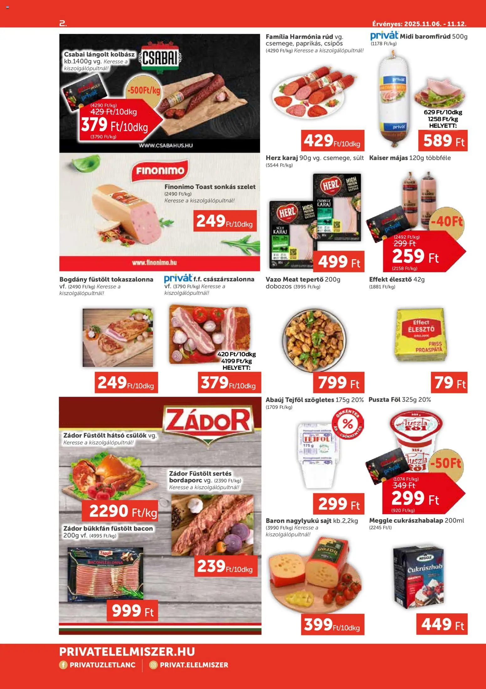 PRIVÁT akciós ujság - amely érvényes a következő dátumtól: 06.11.2025 | Oldal: 2 | Termékek: Kolbász, Tokaszalonna, Bacon, Császárszalonna