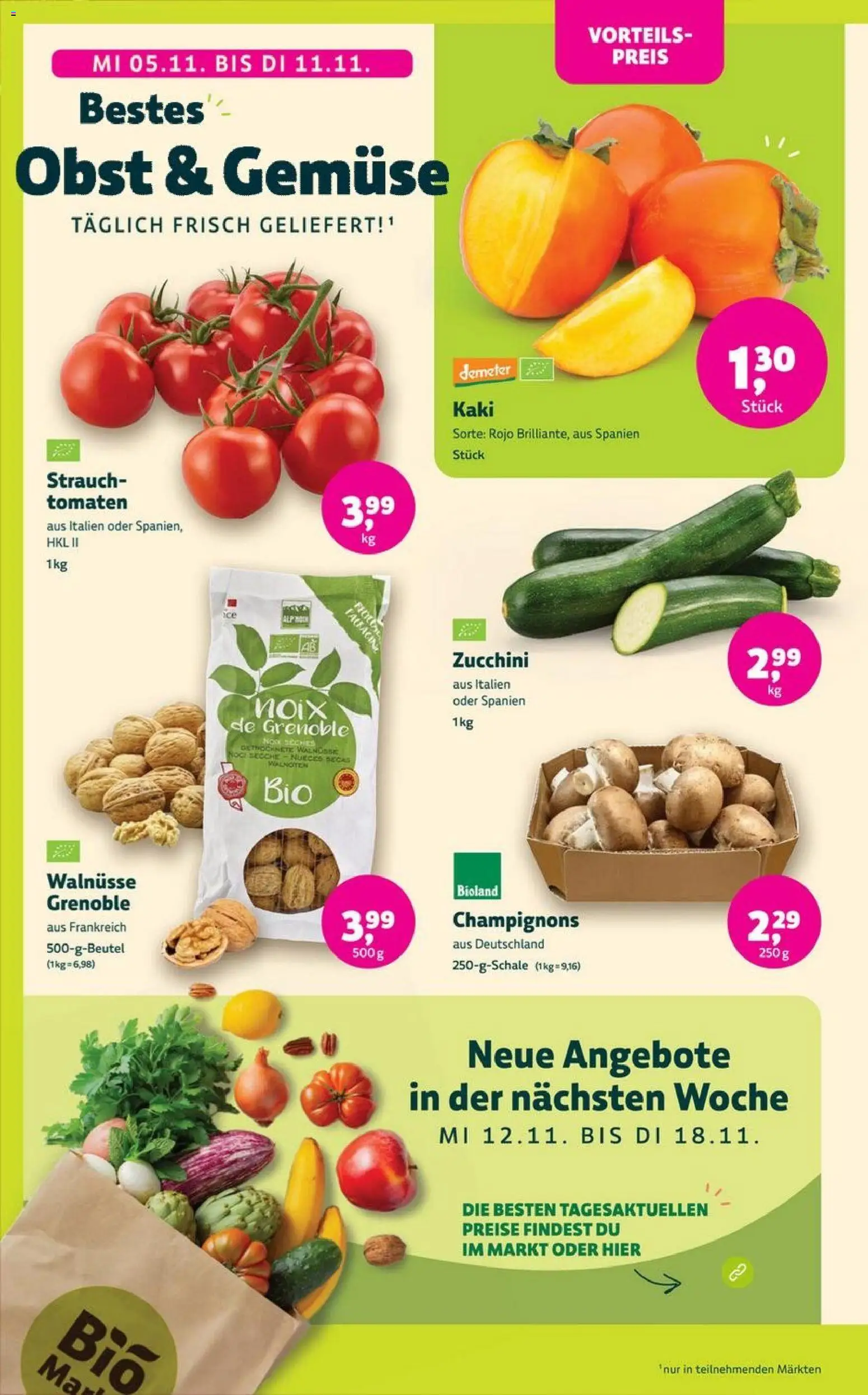 Denns BioMarkt Angebote – gültig ab 05.11.2025 | Seite: 4 | Produkte: Walnüsse, Tomaten, Champignons, Gemüse