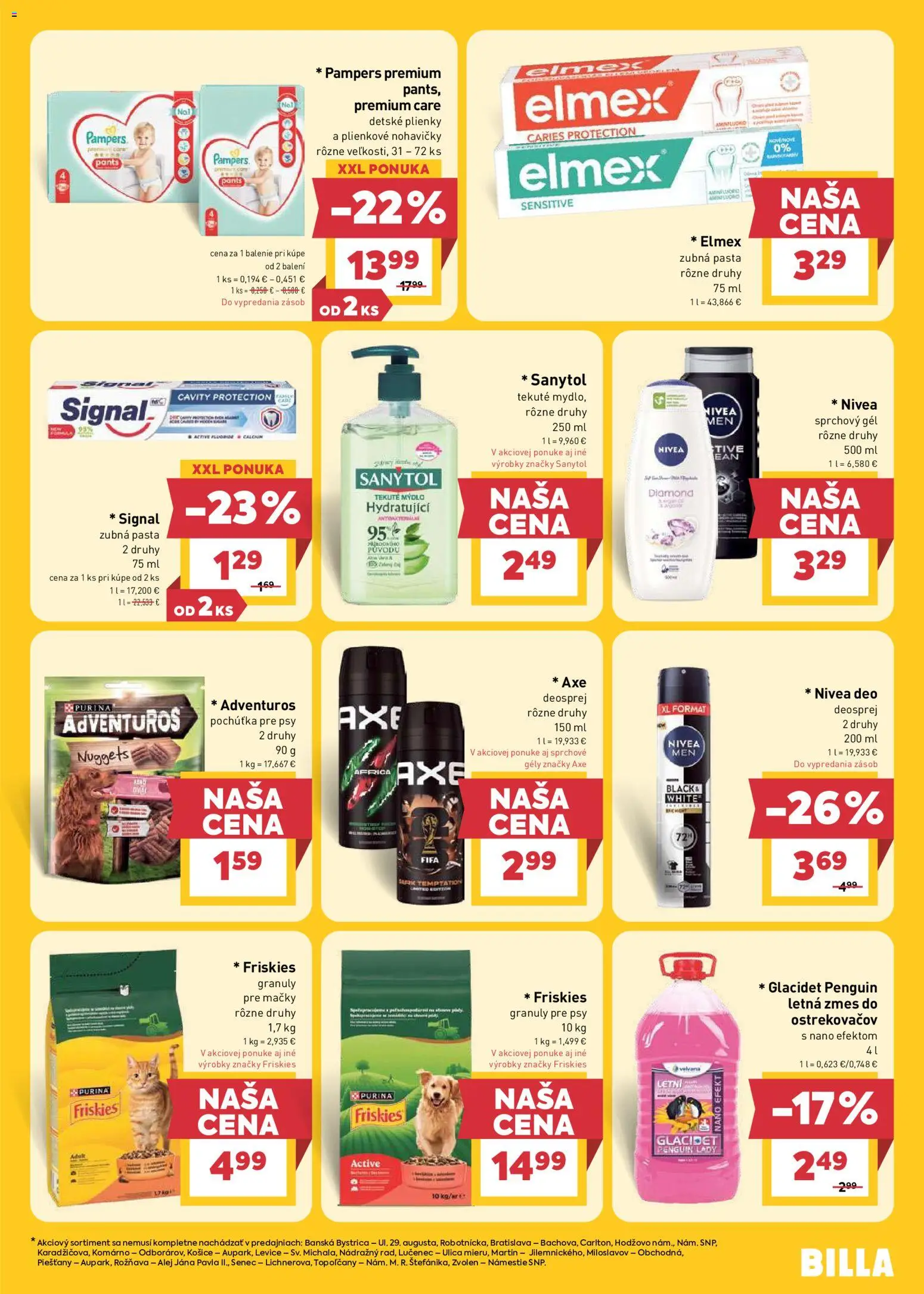 Nové Billa akcie – leták je platný od 22.04.2026 | Strana: 23 | Produkty: Sanytol, Sprchový gél, Zubná pasta, Nohavičky