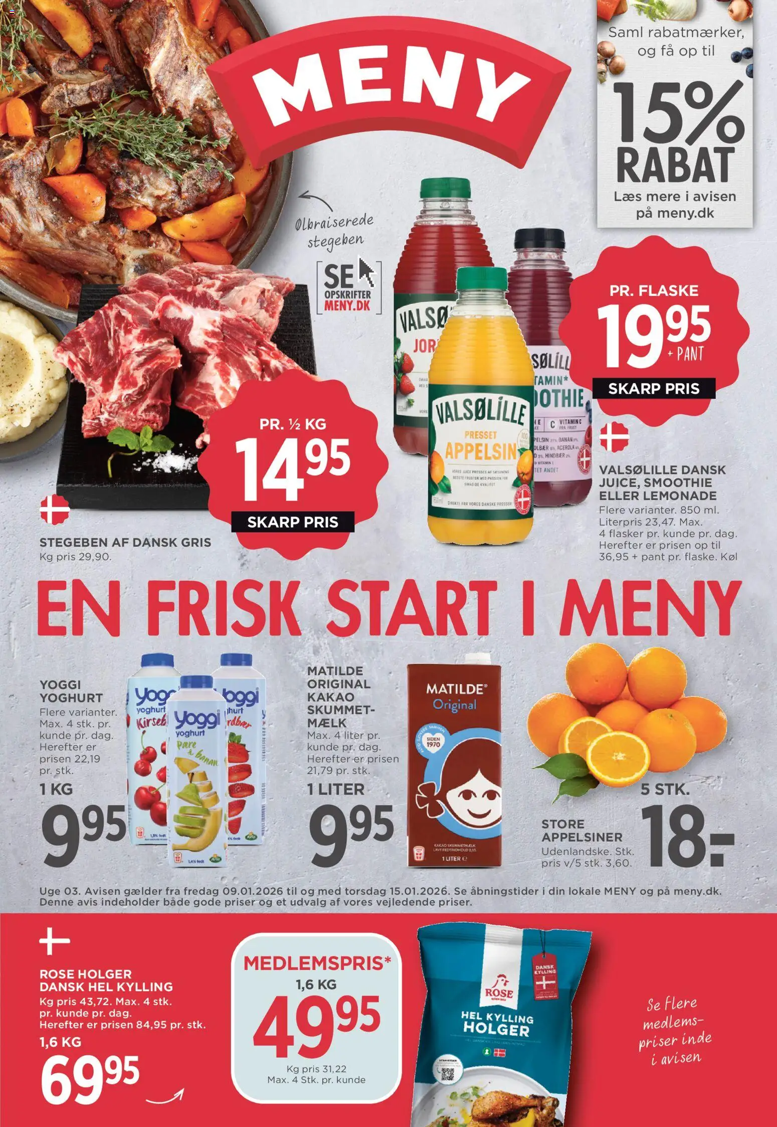Meny tilbudsavis – gyldig fra 09.01.2026 | Side: 1 | Produkter: Mælk, Yoghurt, Appelsiner, Kakao
