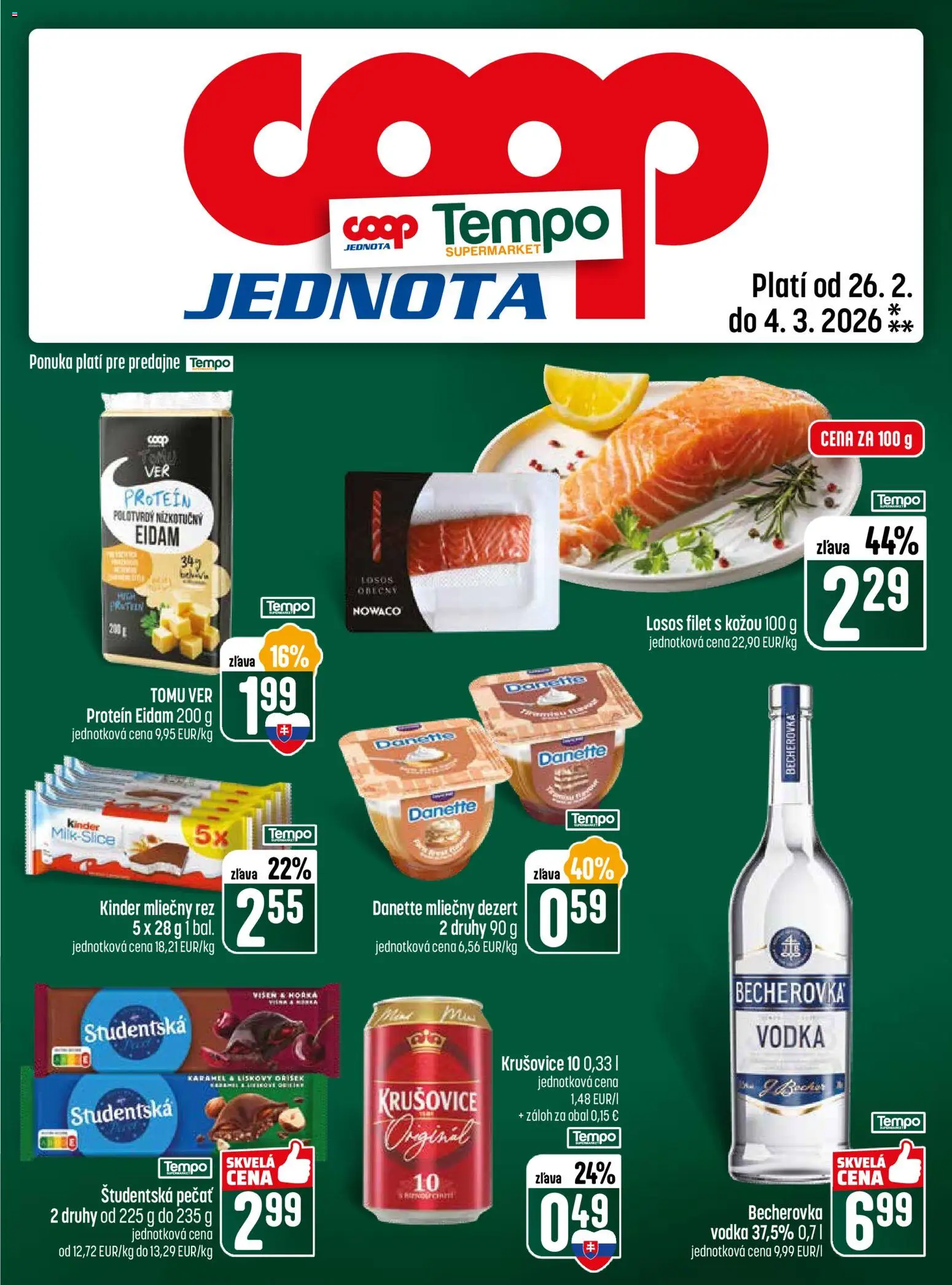 Nové COOP Jednota akcie – leták je platný od 26.02.2026 | Strana: 25 | Produkty: Becherovka, Losos, Študentská pečať, Vodka
